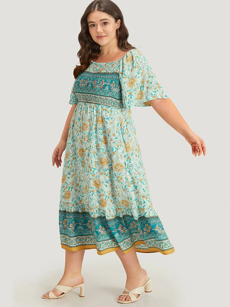 Floral Print Shirred Square Neck Dress - Image 8