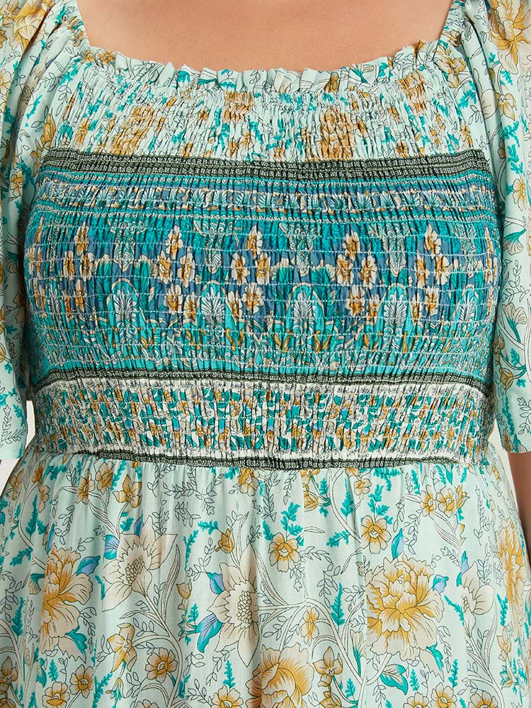 Floral Print Shirred Square Neck Dress - Image 9
