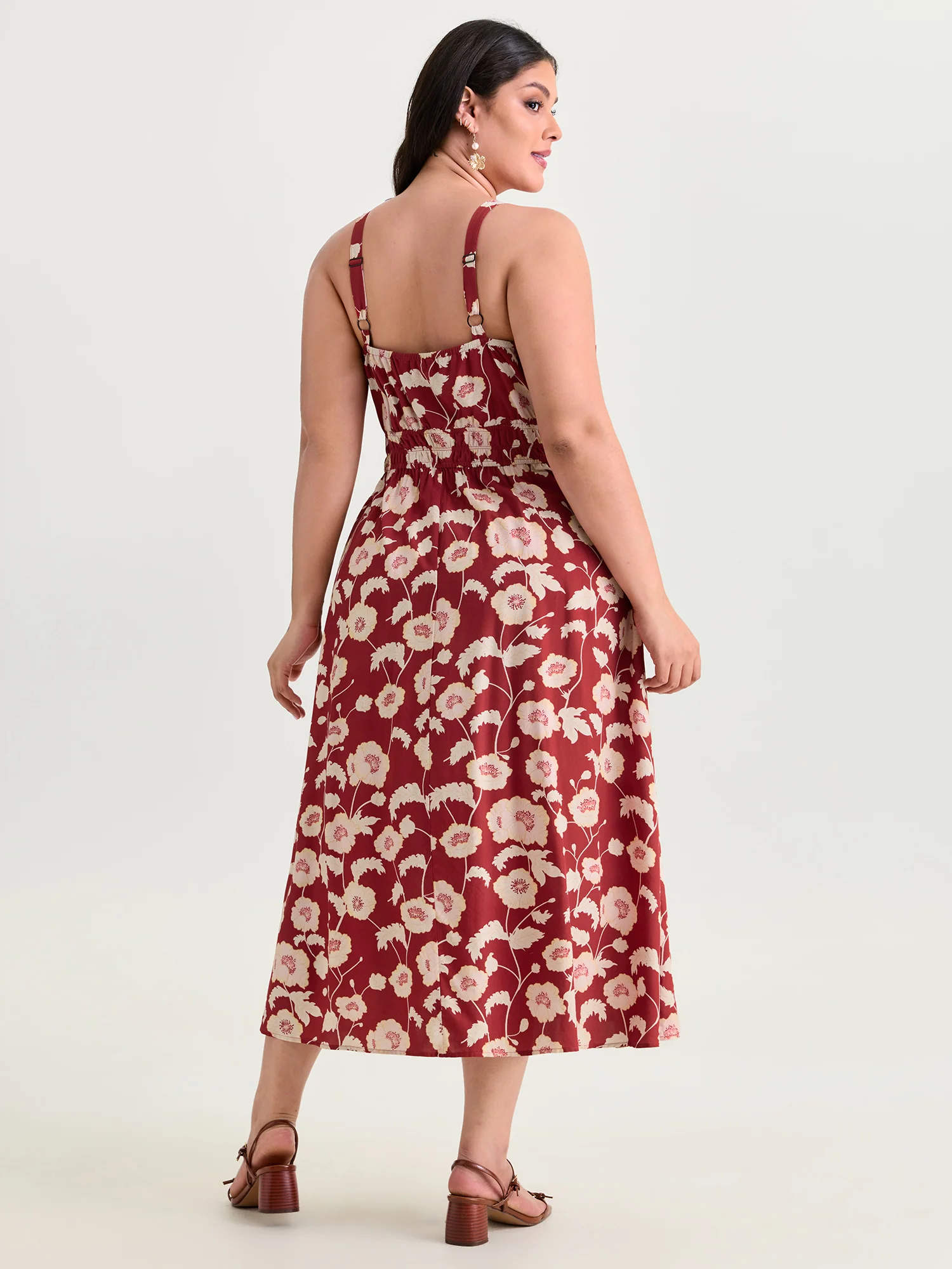 Floral Print Shirred Waist Drawstring Midi Dress - Image 3