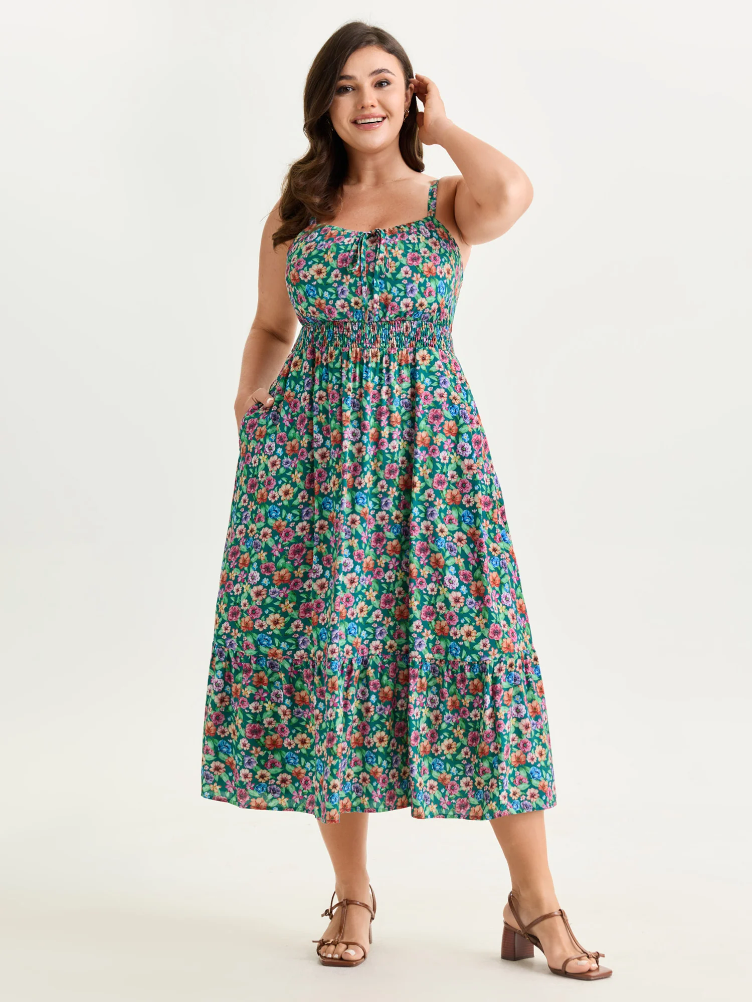 Floral Print Shirred Waist Flowy Midi Dress - Image 3