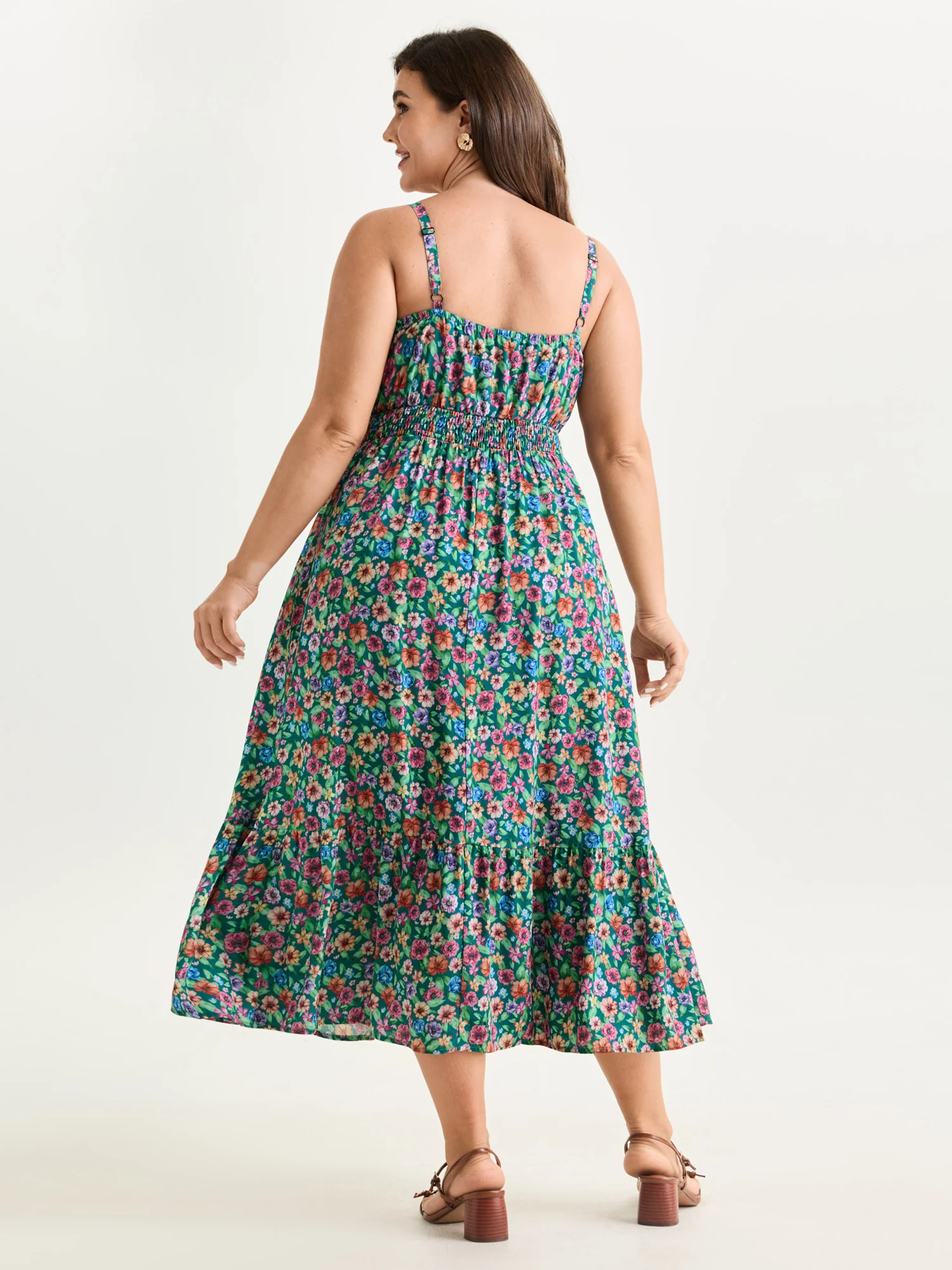 Floral Print Shirred Waist Flowy Midi Dress - Image 4