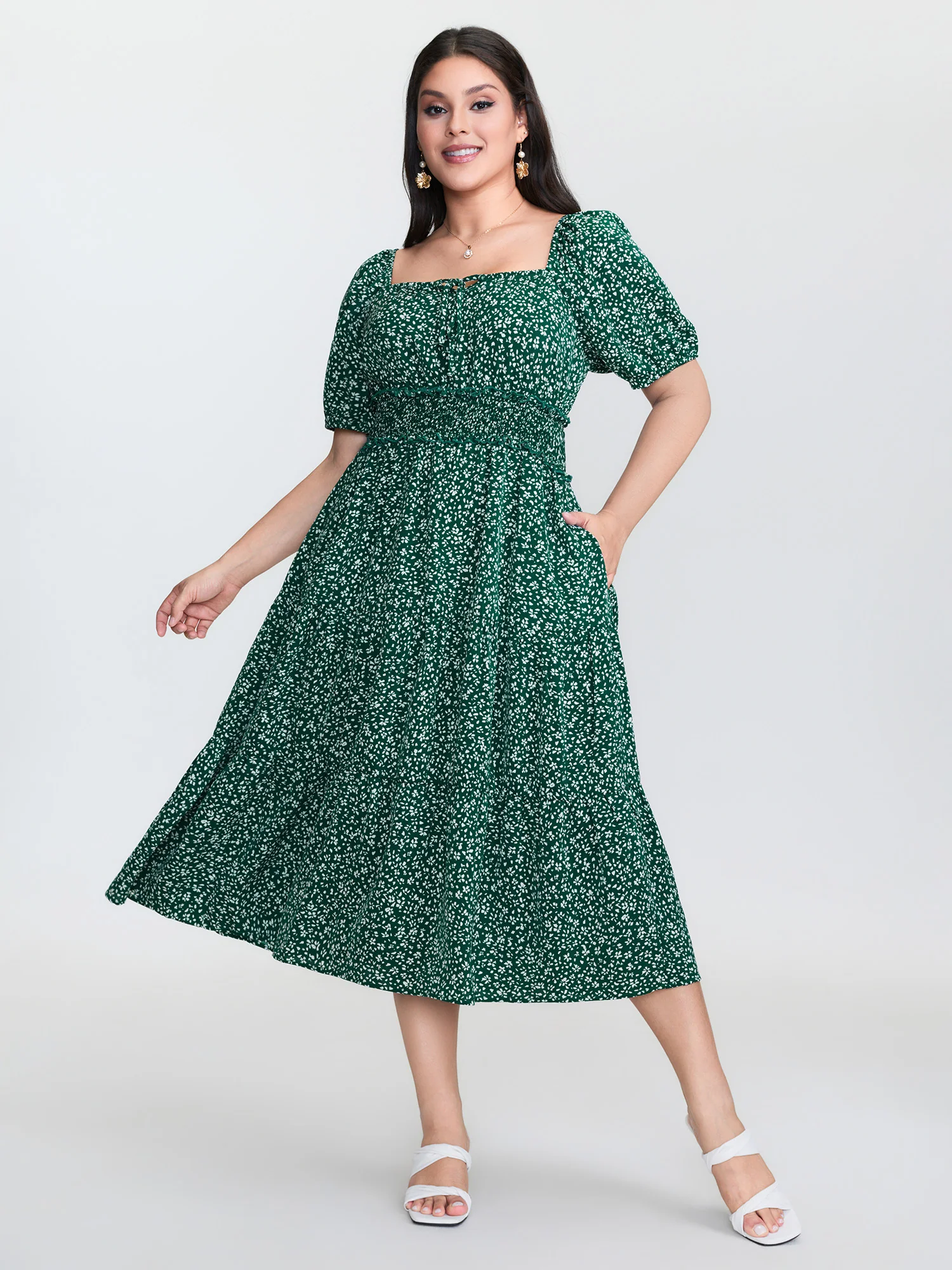 Floral Print Shirred Waist Midi Dress - Image 4