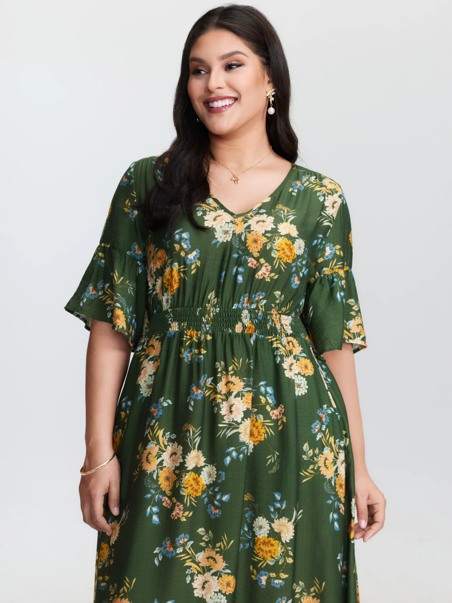 Floral Print Shirred Waist Midi Dress - Image 2