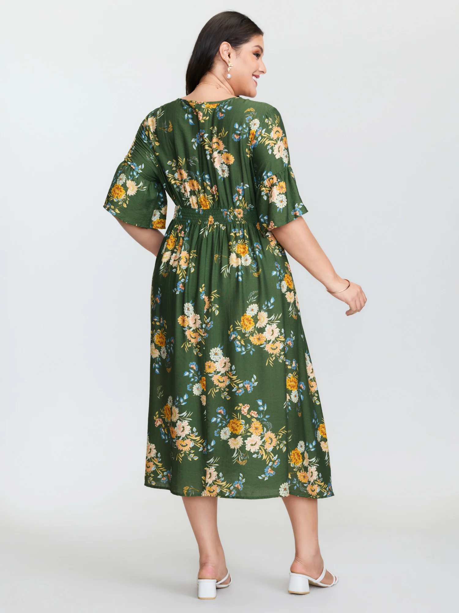 Floral Print Shirred Waist Midi Dress - Image 4