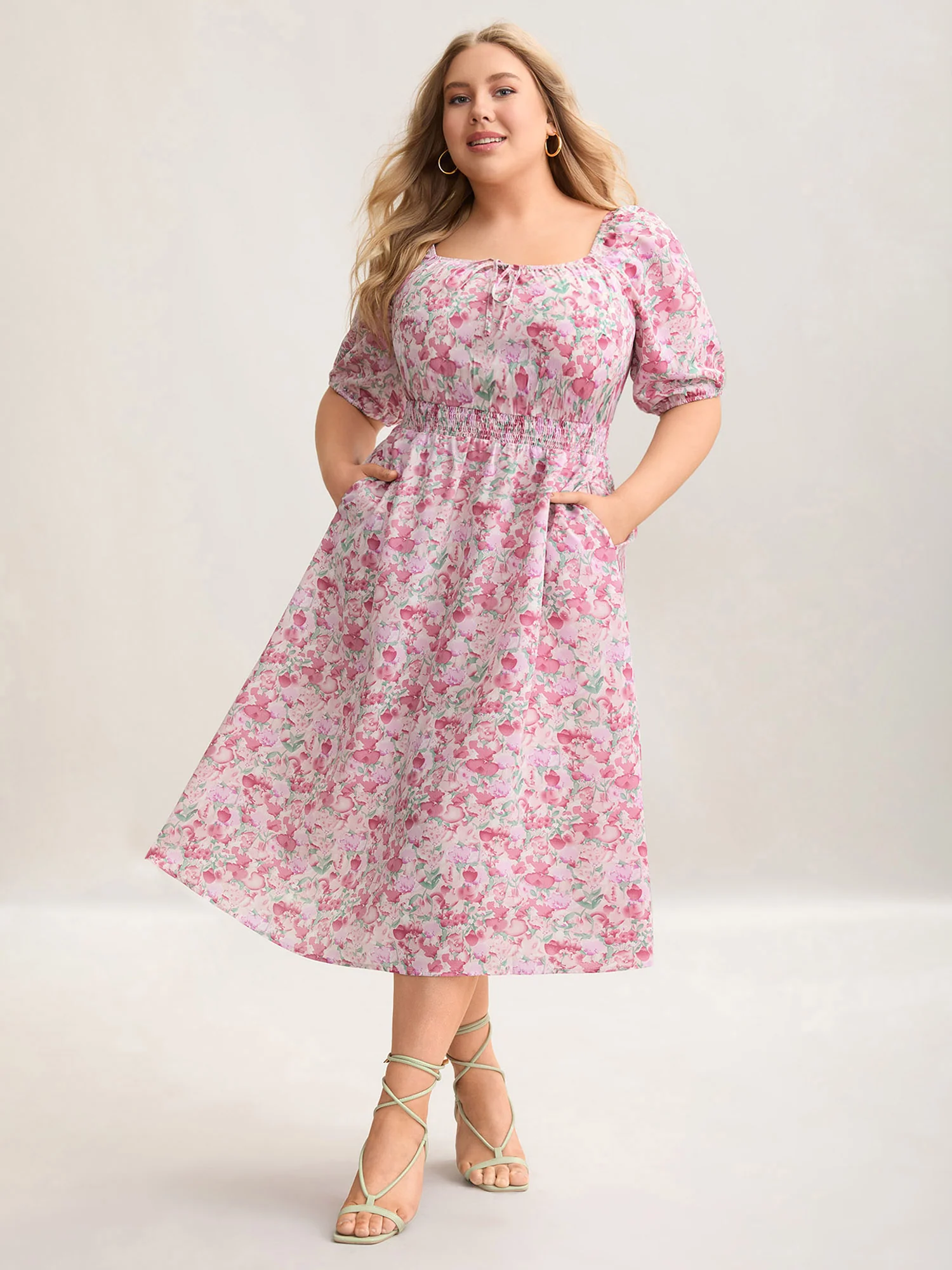 Floral Print Shirred Waist Pockets Midi Dress - Image 3