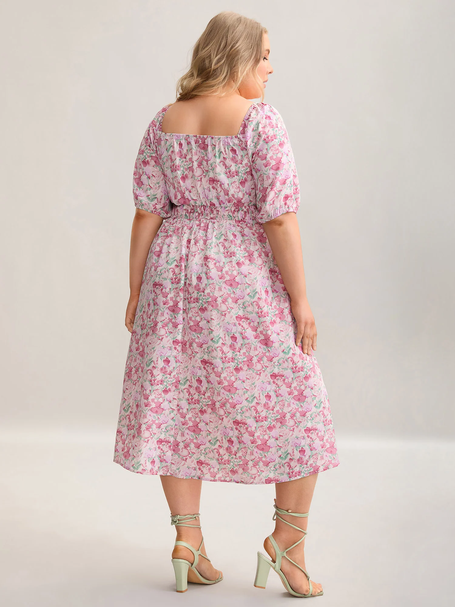 Floral Print Shirred Waist Pockets Midi Dress - Image 4