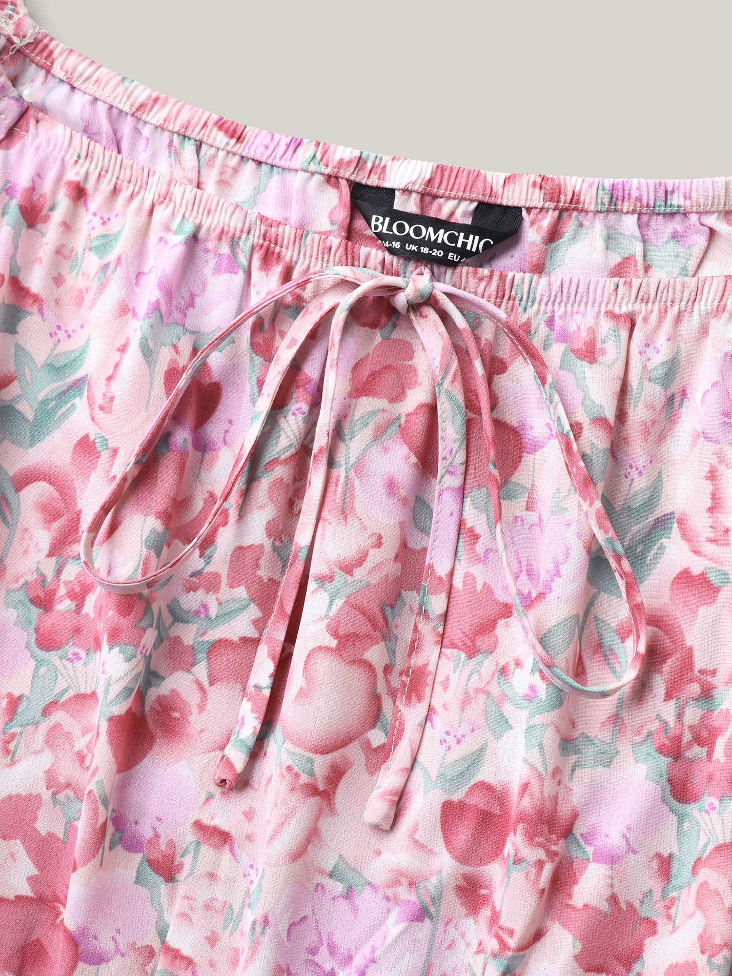 Floral Print Shirred Waist Pockets Midi Dress - Image 5