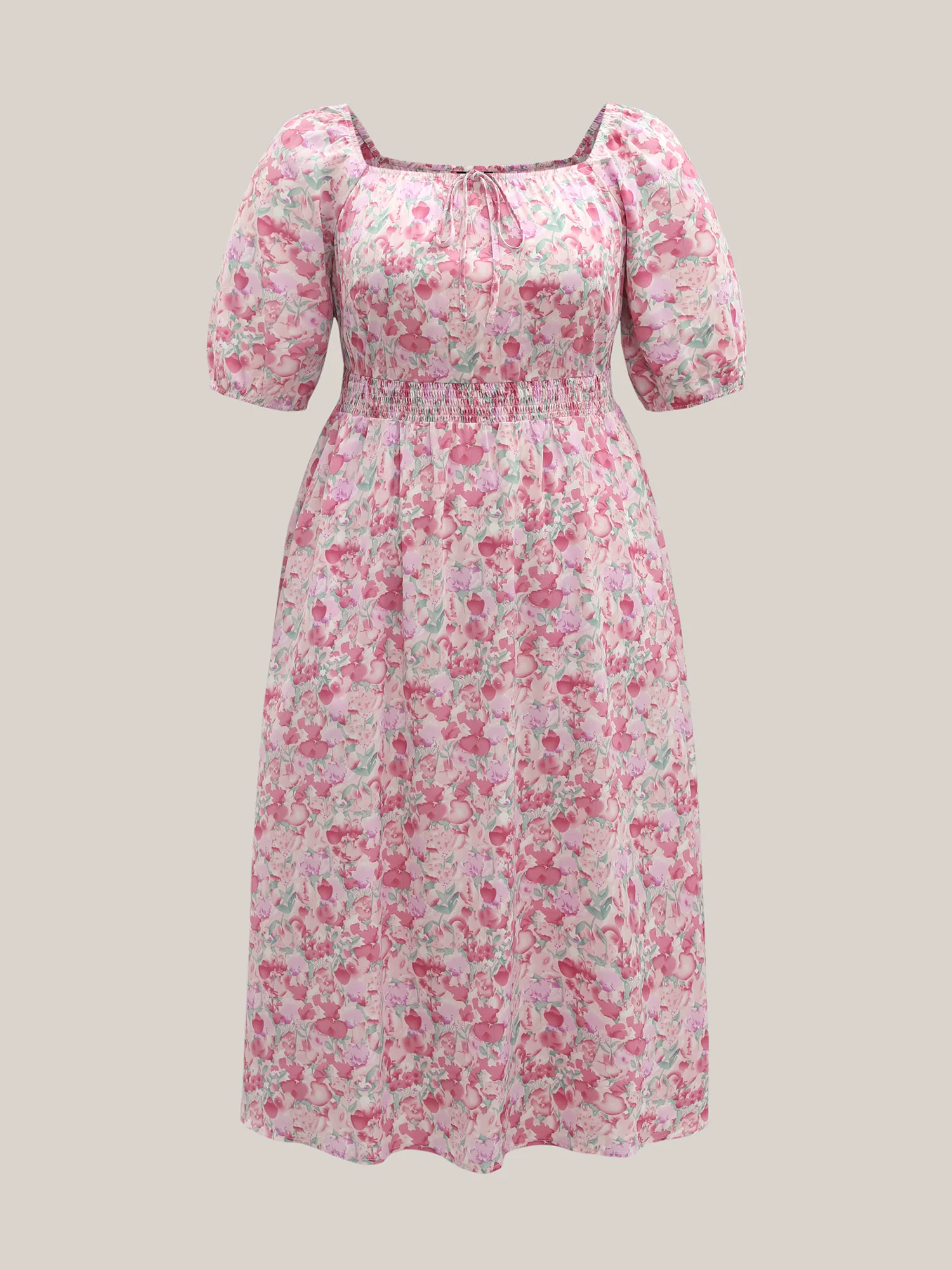 Floral Print Shirred Waist Pockets Midi Dress - Image 7