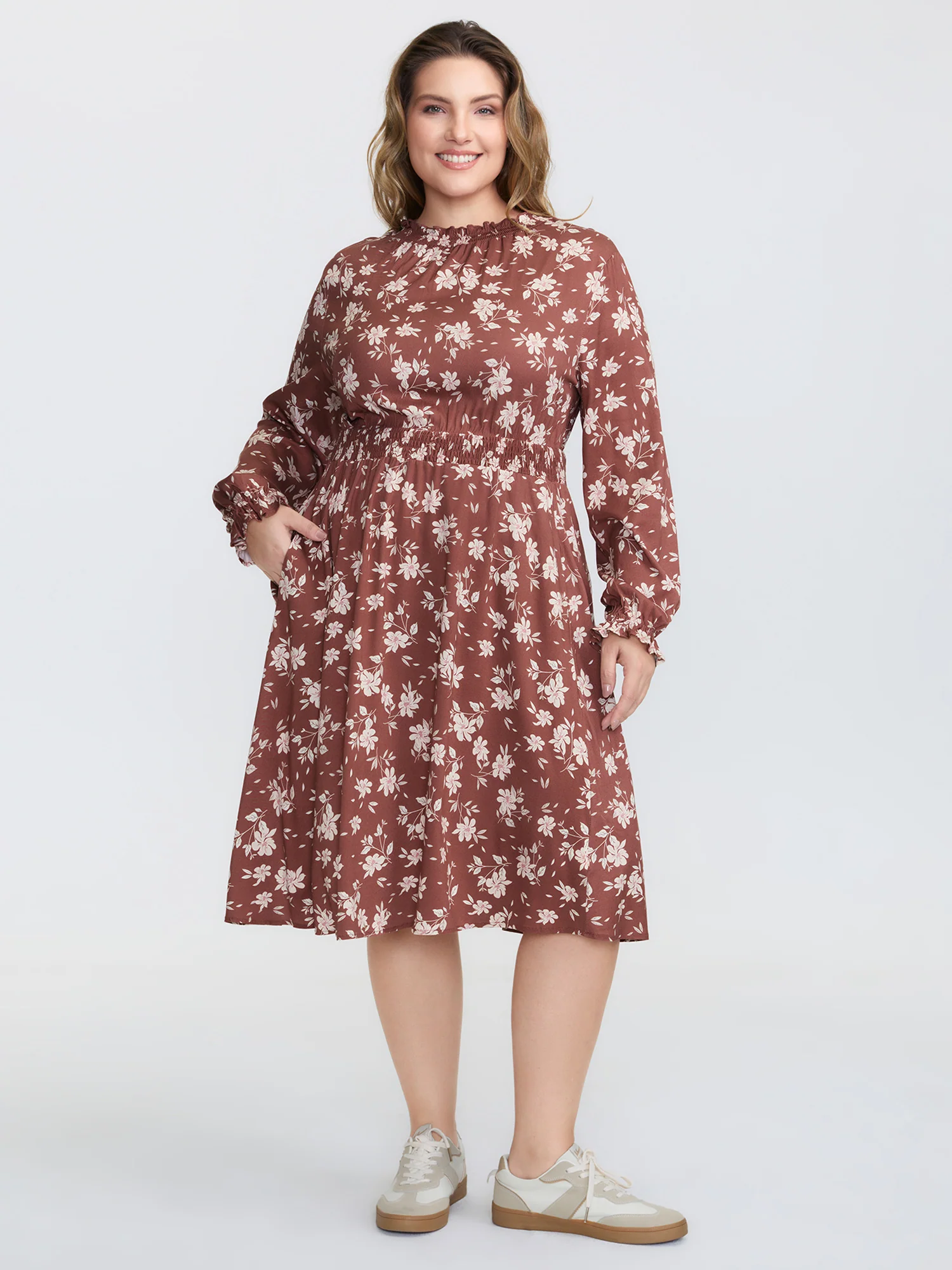 Floral Print Shirred Waist Rayon Midi Dress - Image 3