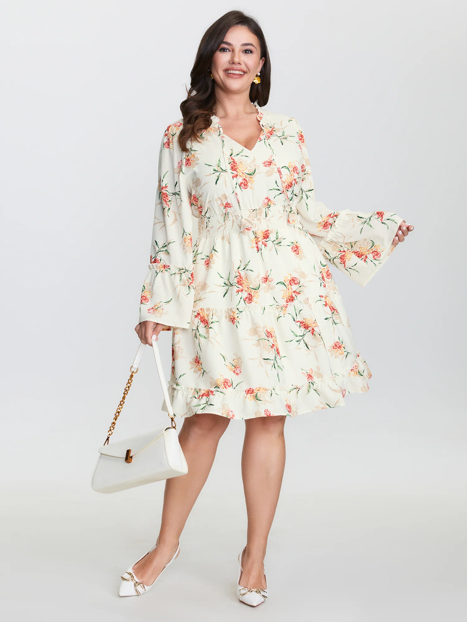 Floral Print Shirred Waist Ruffled Edge Mini Dress - Image 3