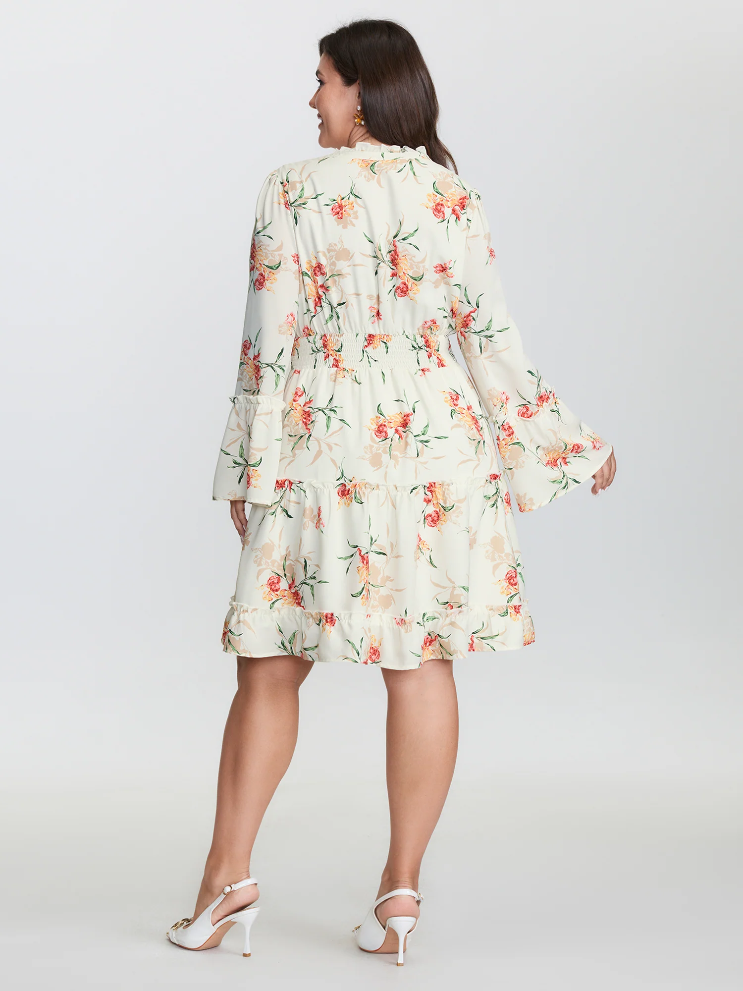 Floral Print Shirred Waist Ruffled Edge Mini Dress - Image 4