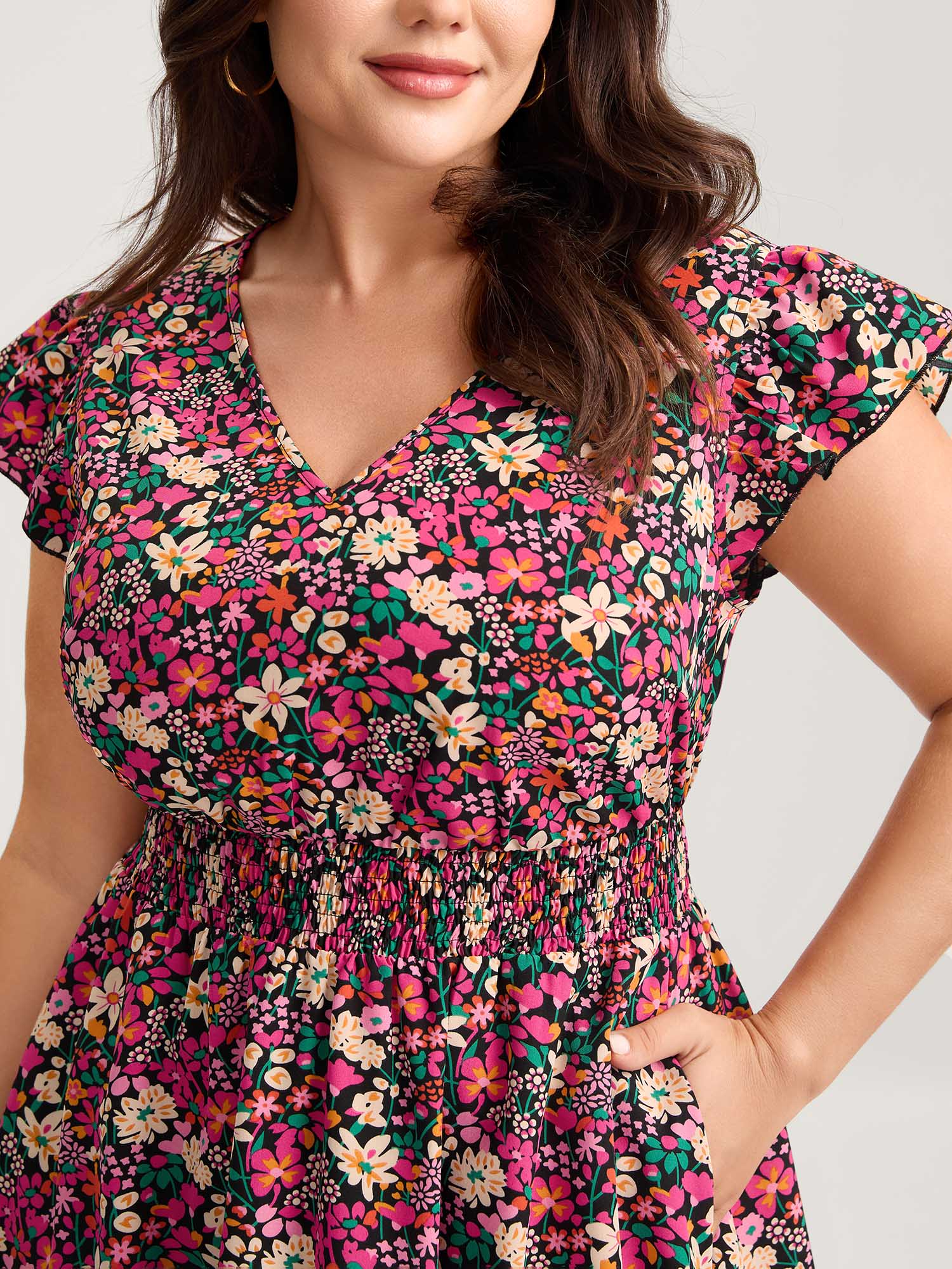 Floral Print Shirred Waist Ruffled Mini Dress - Image 2