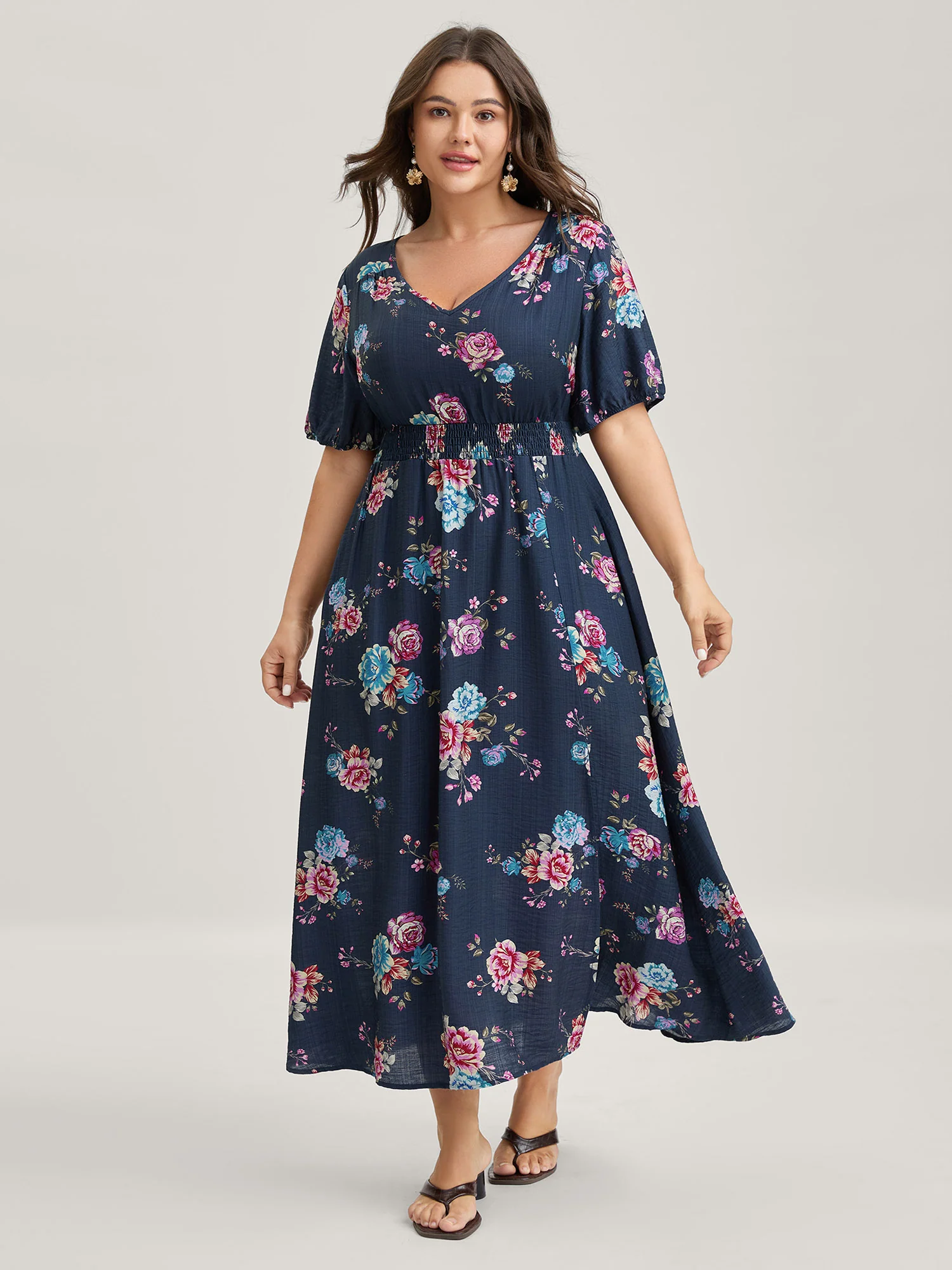 Floral Print Shirred Waist Slit Midi Dress - Image 3