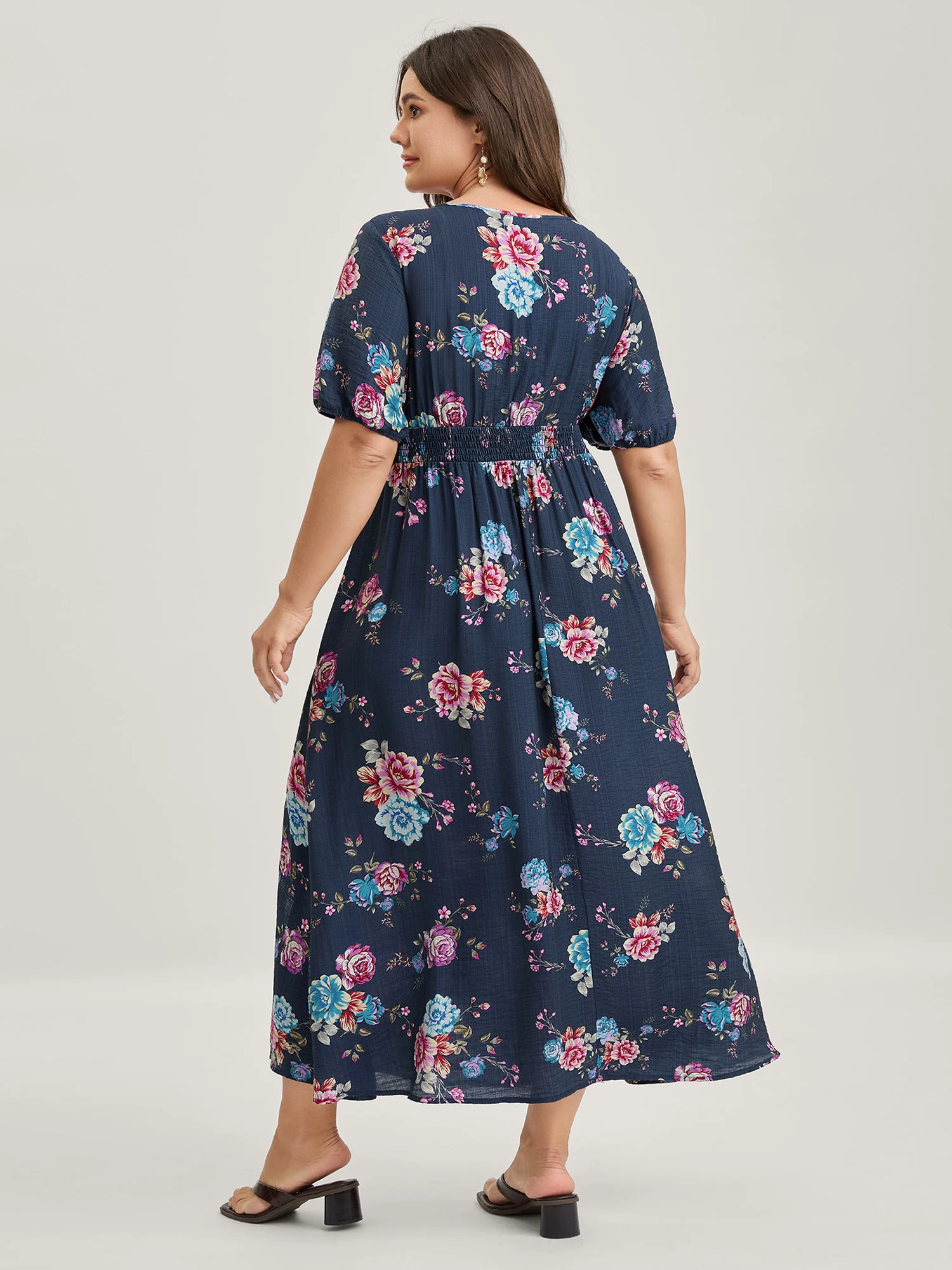 Floral Print Shirred Waist Slit Midi Dress - Image 4