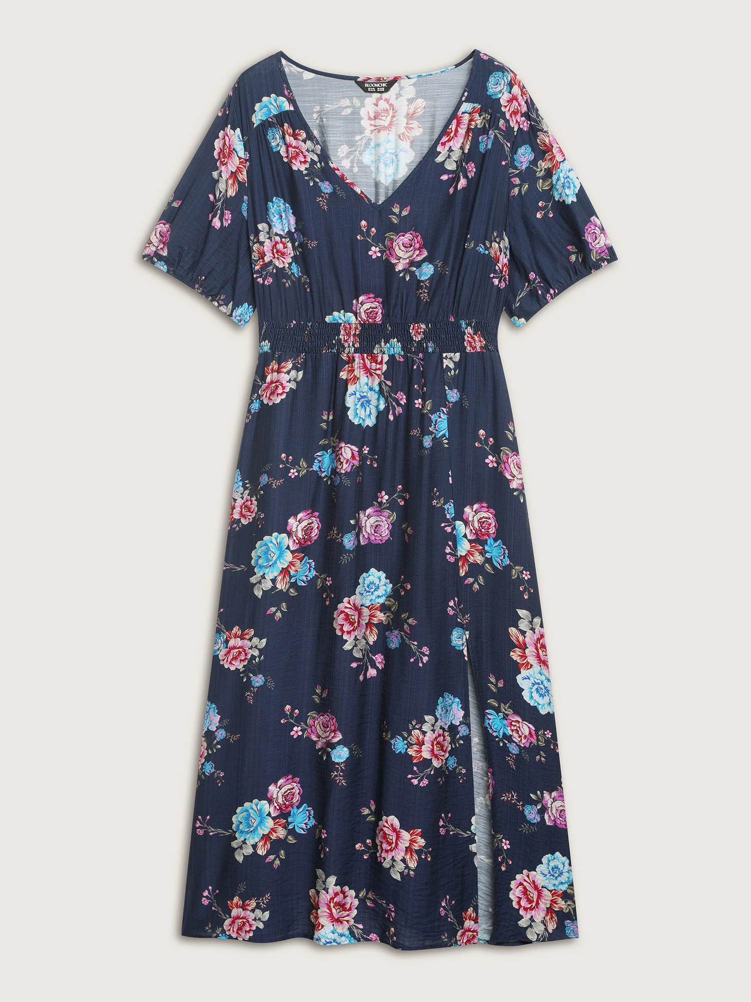 Floral Print Shirred Waist Slit Midi Dress - Image 7