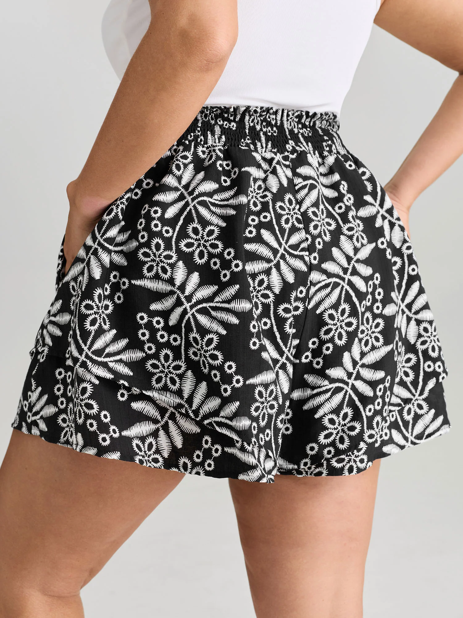 Floral Print Shirred Waist Textured Shorts - Image 5