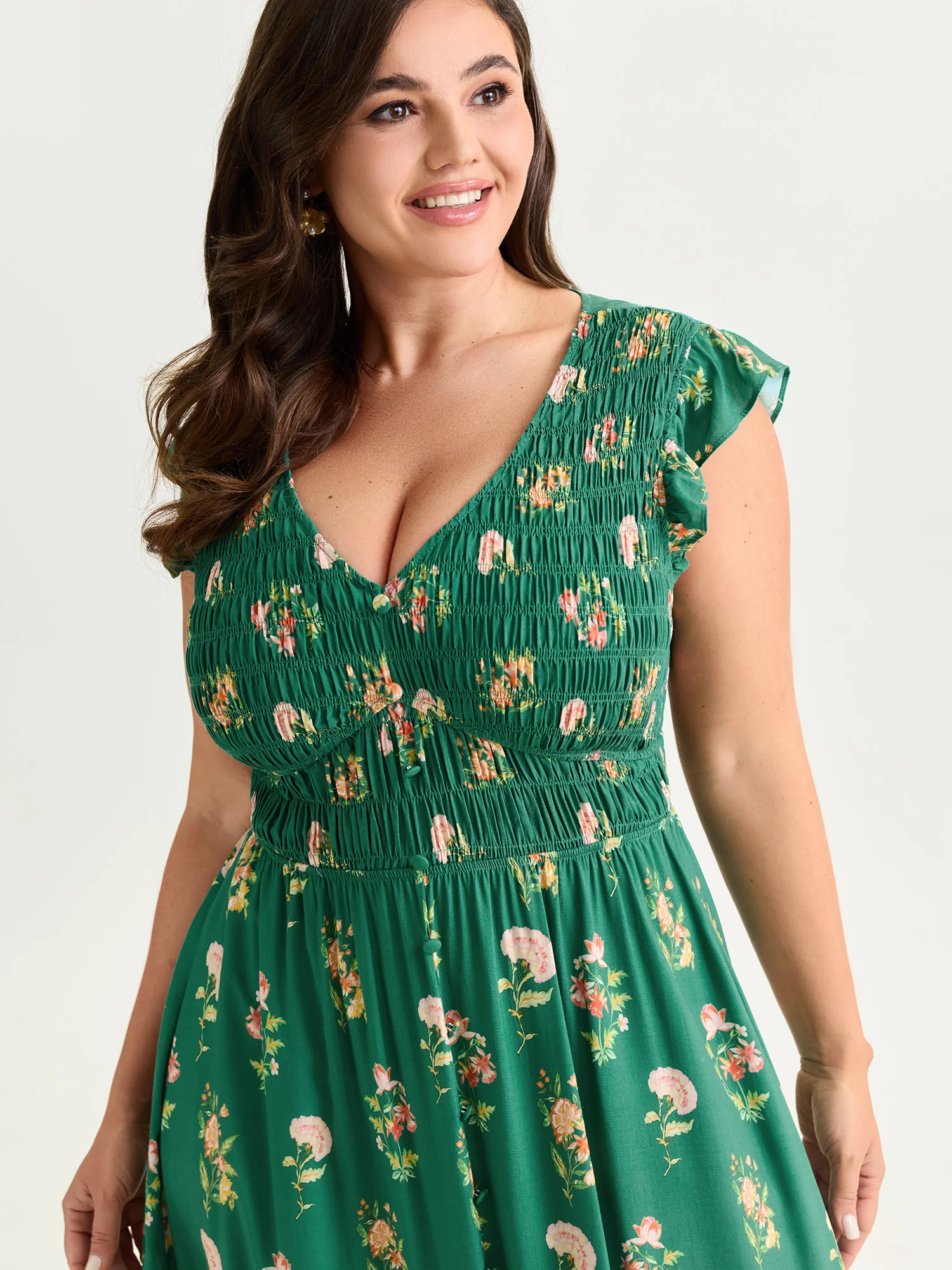 Floral Print Shirred Waist V-Neck Midi Dress - Image 2