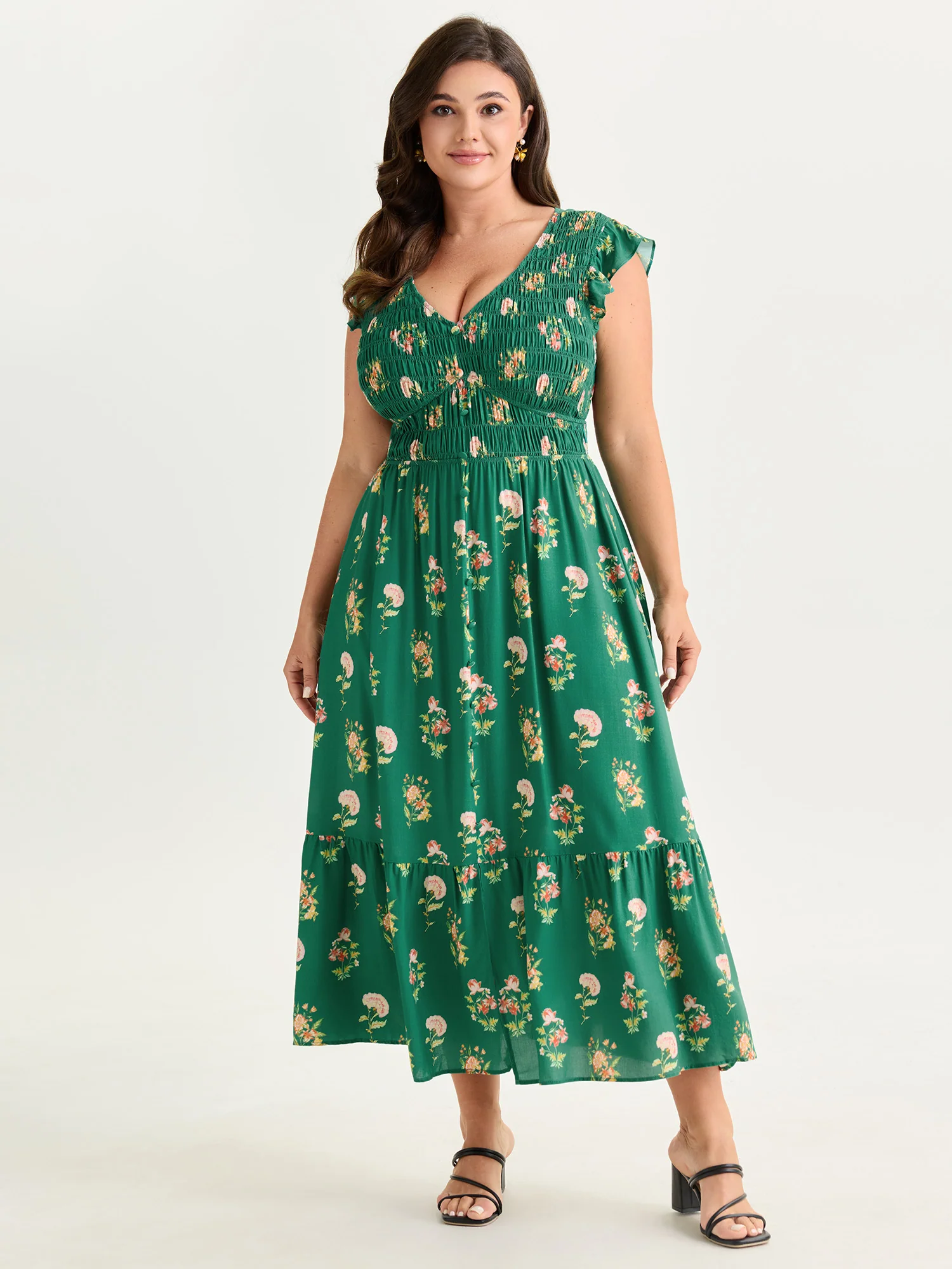 Floral Print Shirred Waist V-Neck Midi Dress - Image 3