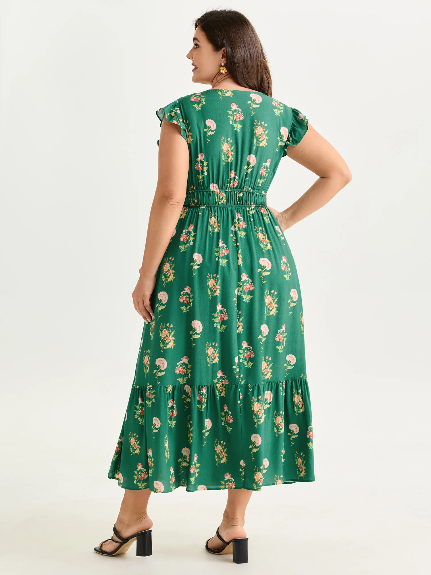 Floral Print Shirred Waist V-Neck Midi Dress - Image 4