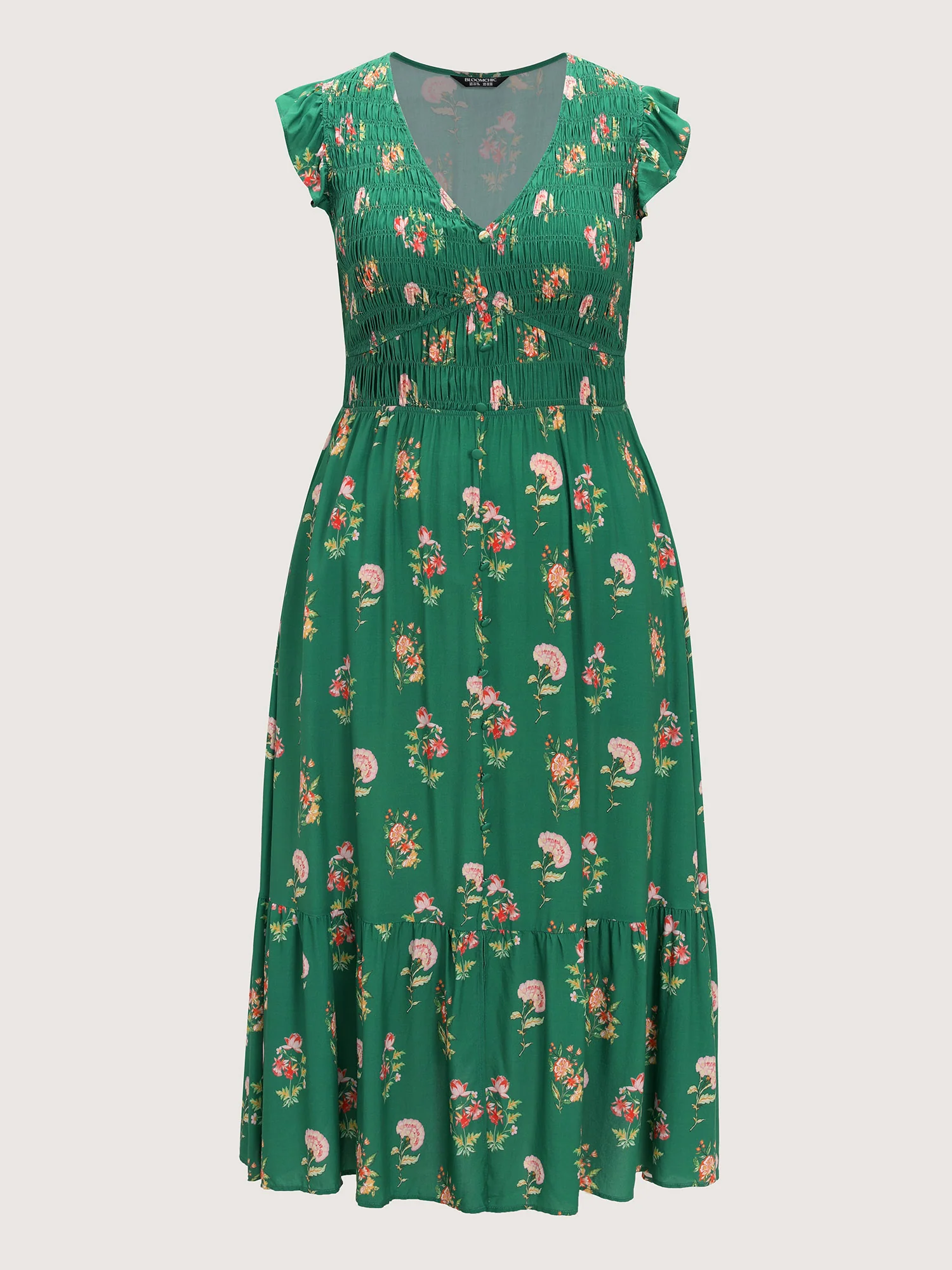 Floral Print Shirred Waist V-Neck Midi Dress - Image 7