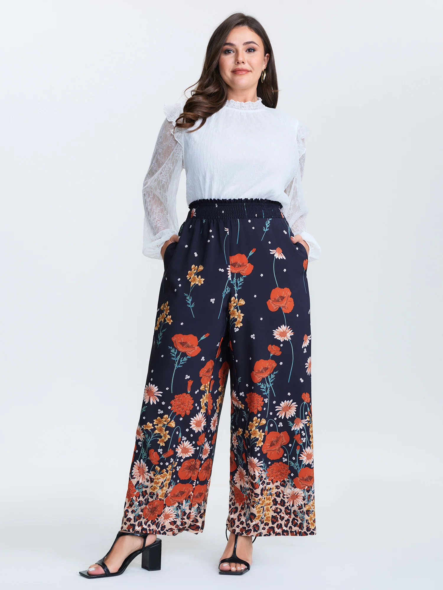 Floral Print Shirred Waist Wide Leg Pants - Image 2