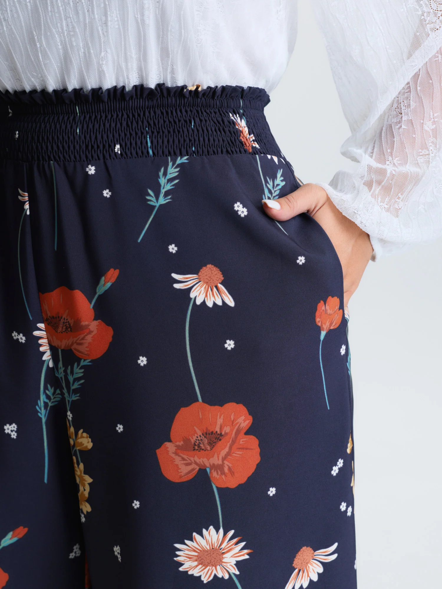 Floral Print Shirred Waist Wide Leg Pants - Image 3