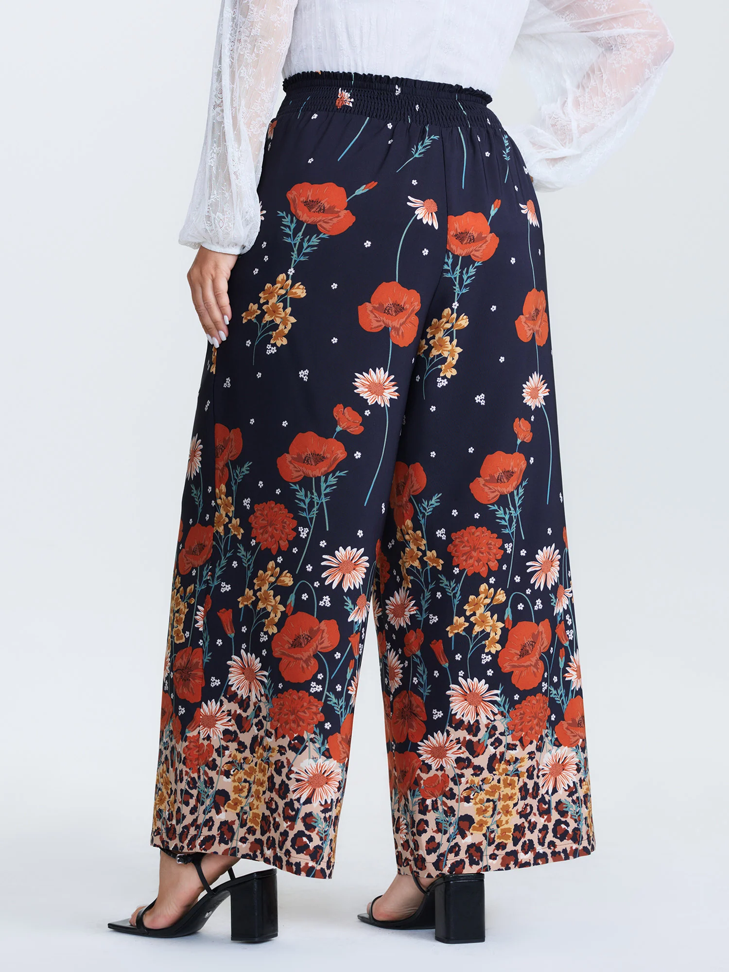 Floral Print Shirred Waist Wide Leg Pants - Image 5