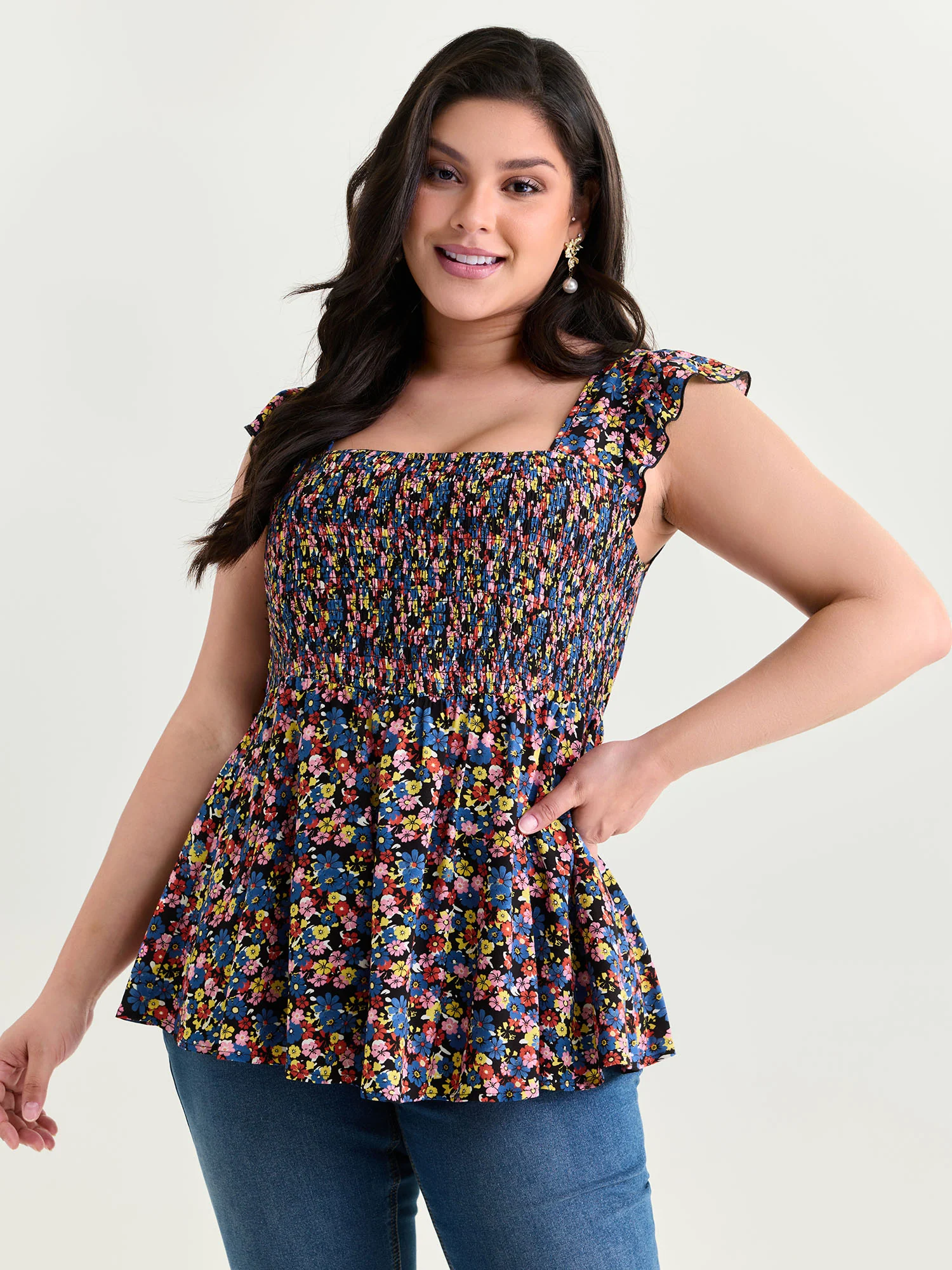 Floral Print Shirred Wide Straps Blouse