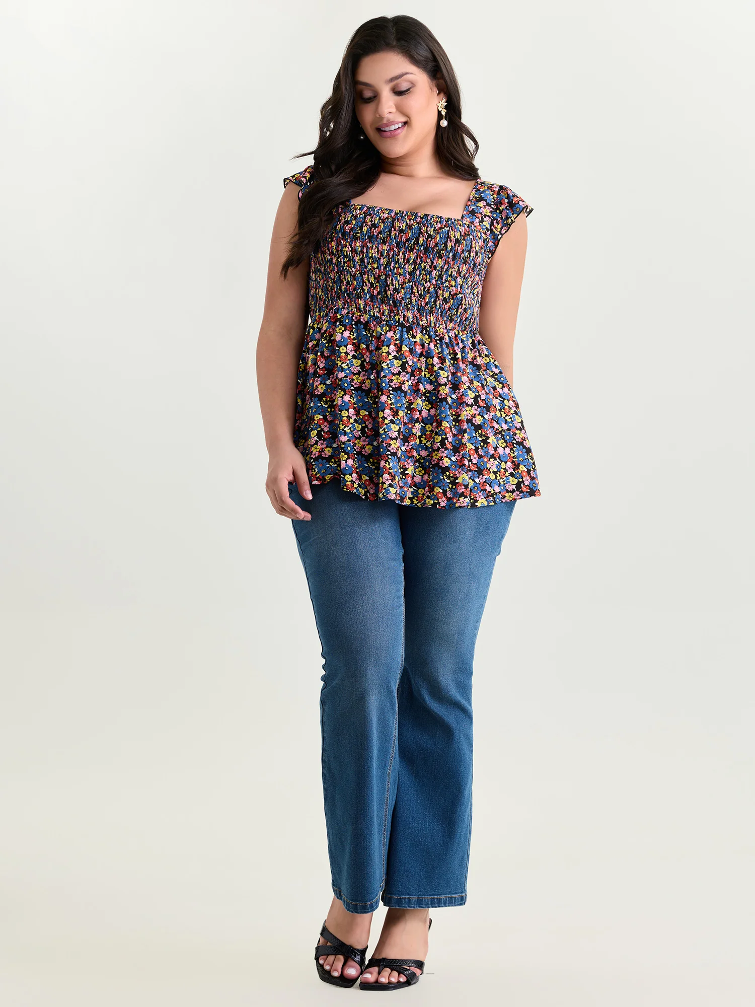 Floral Print Shirred Wide Straps Blouse - Image 3