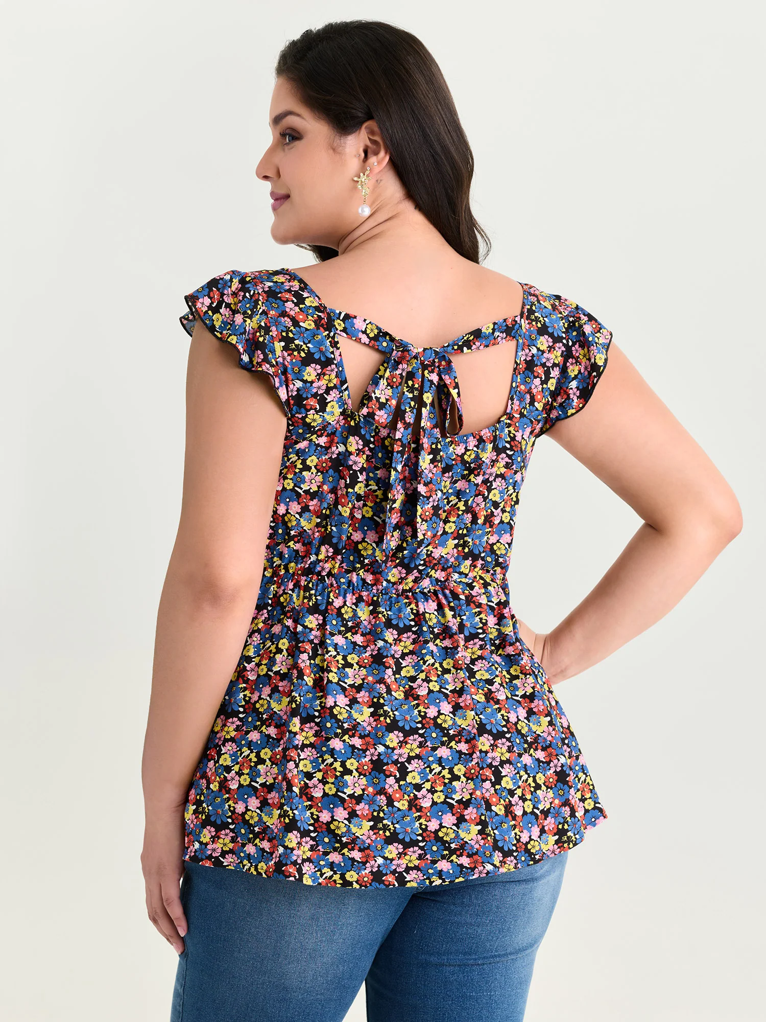 Floral Print Shirred Wide Straps Blouse - Image 4