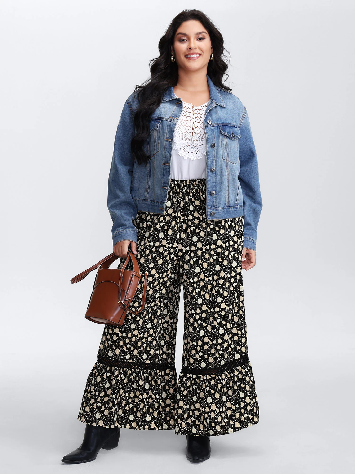 Floral Print Shirred Wide Waistband Tiered Pants - Image 2