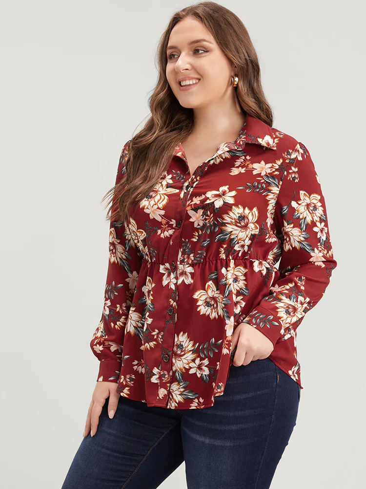 Floral Print Shirt Collar Button Up Blouse - Image 2