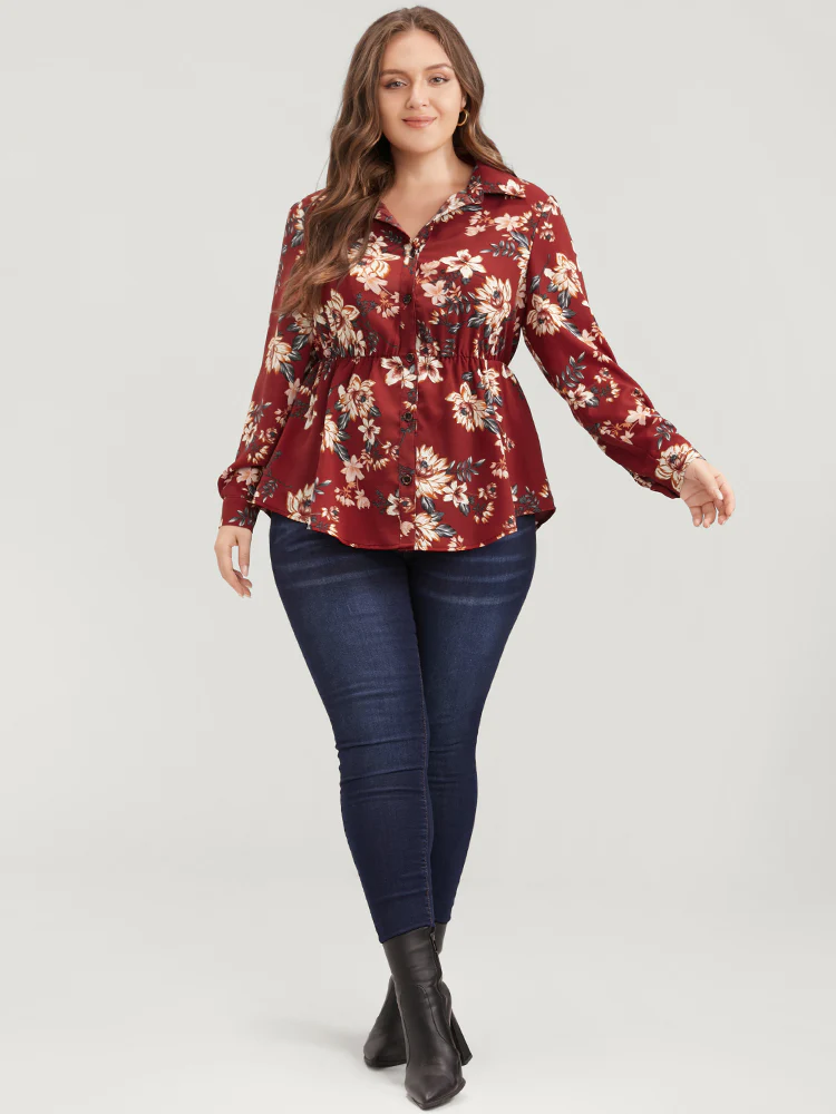 Floral Print Shirt Collar Button Up Blouse - Image 3