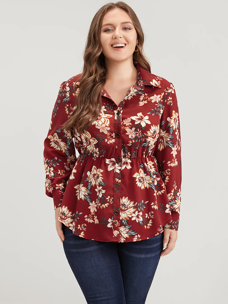Floral Print Shirt Collar Button Up Blouse - Image 4