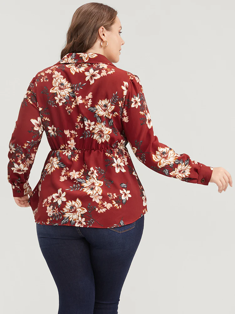 Floral Print Shirt Collar Button Up Blouse - Image 5