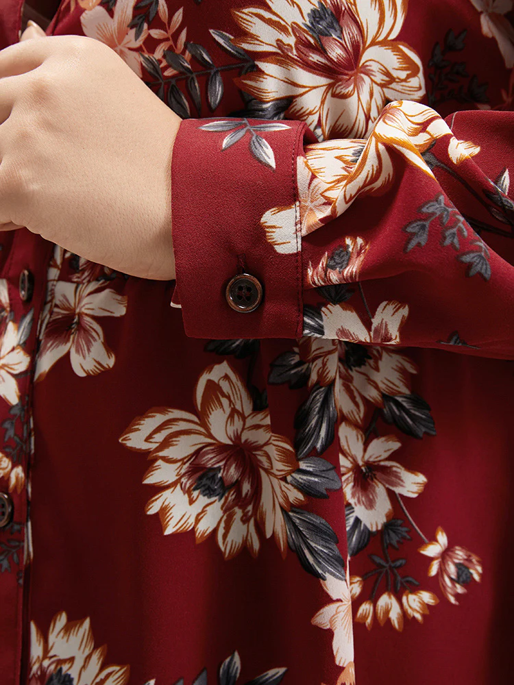 Floral Print Shirt Collar Button Up Blouse - Image 6