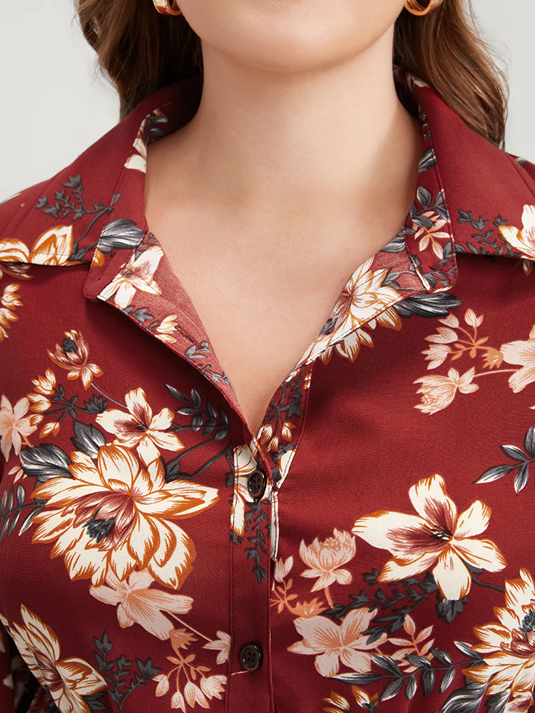 Floral Print Shirt Collar Button Up Blouse - Image 8