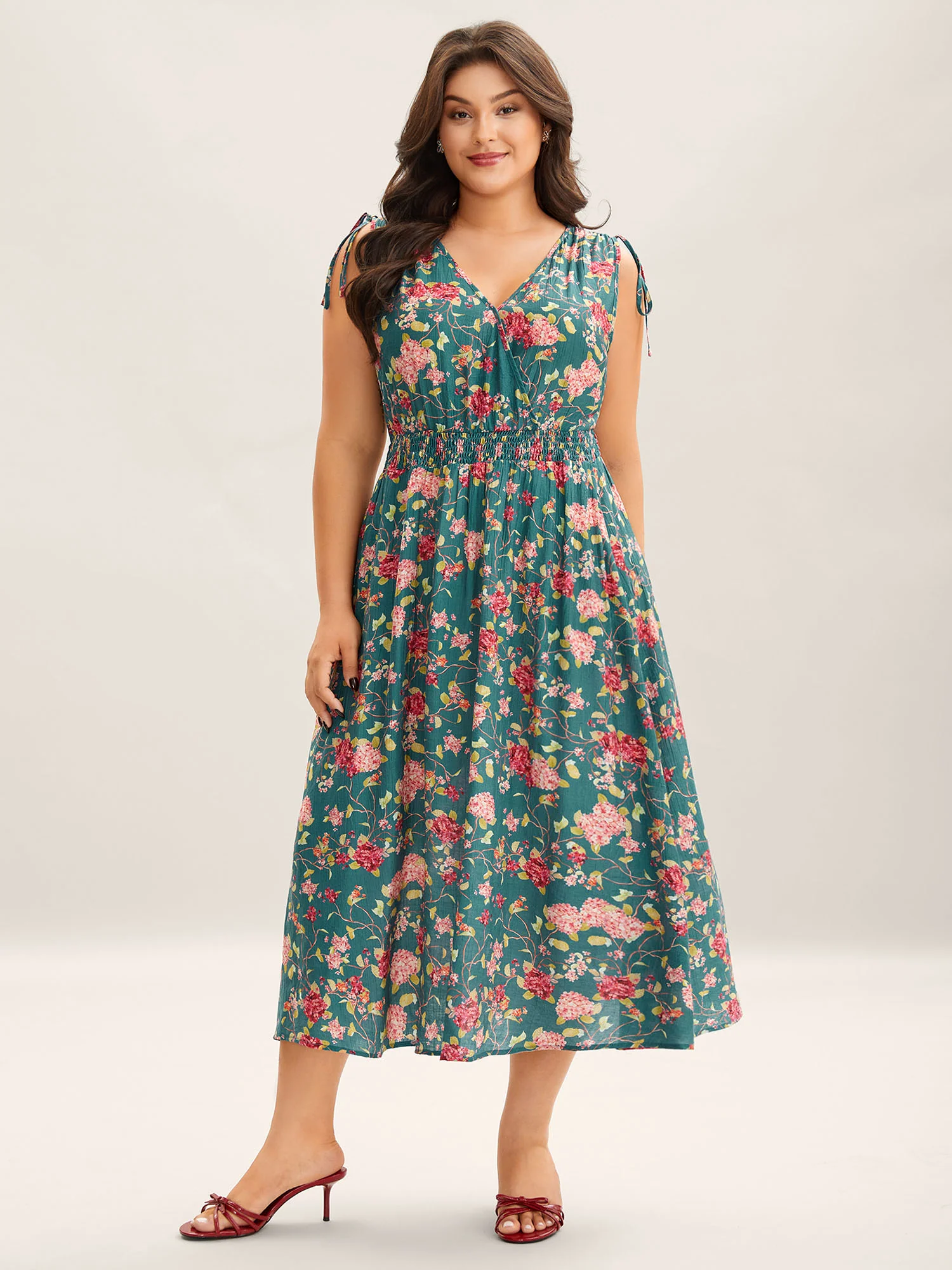 Floral Print Shoulder Tie Pockets Maxi Dress - Image 3