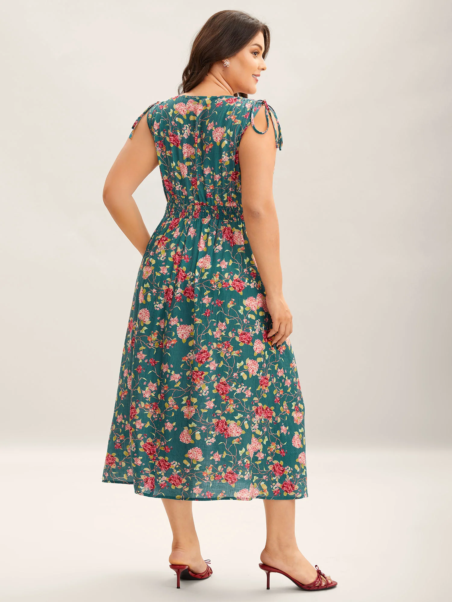 Floral Print Shoulder Tie Pockets Maxi Dress - Image 4