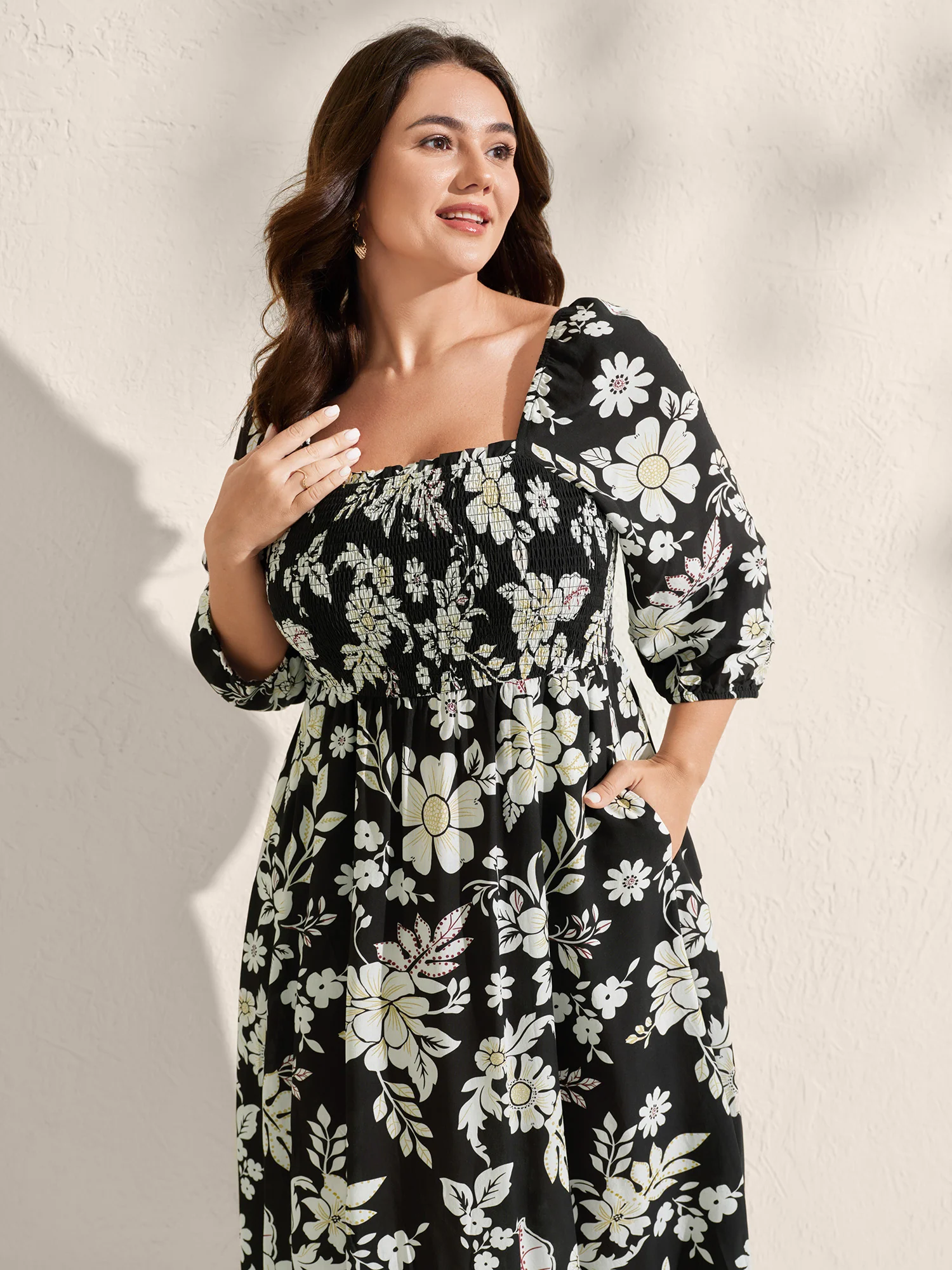 Floral Print Slit Shirred Bodice Midi Dress - Image 3