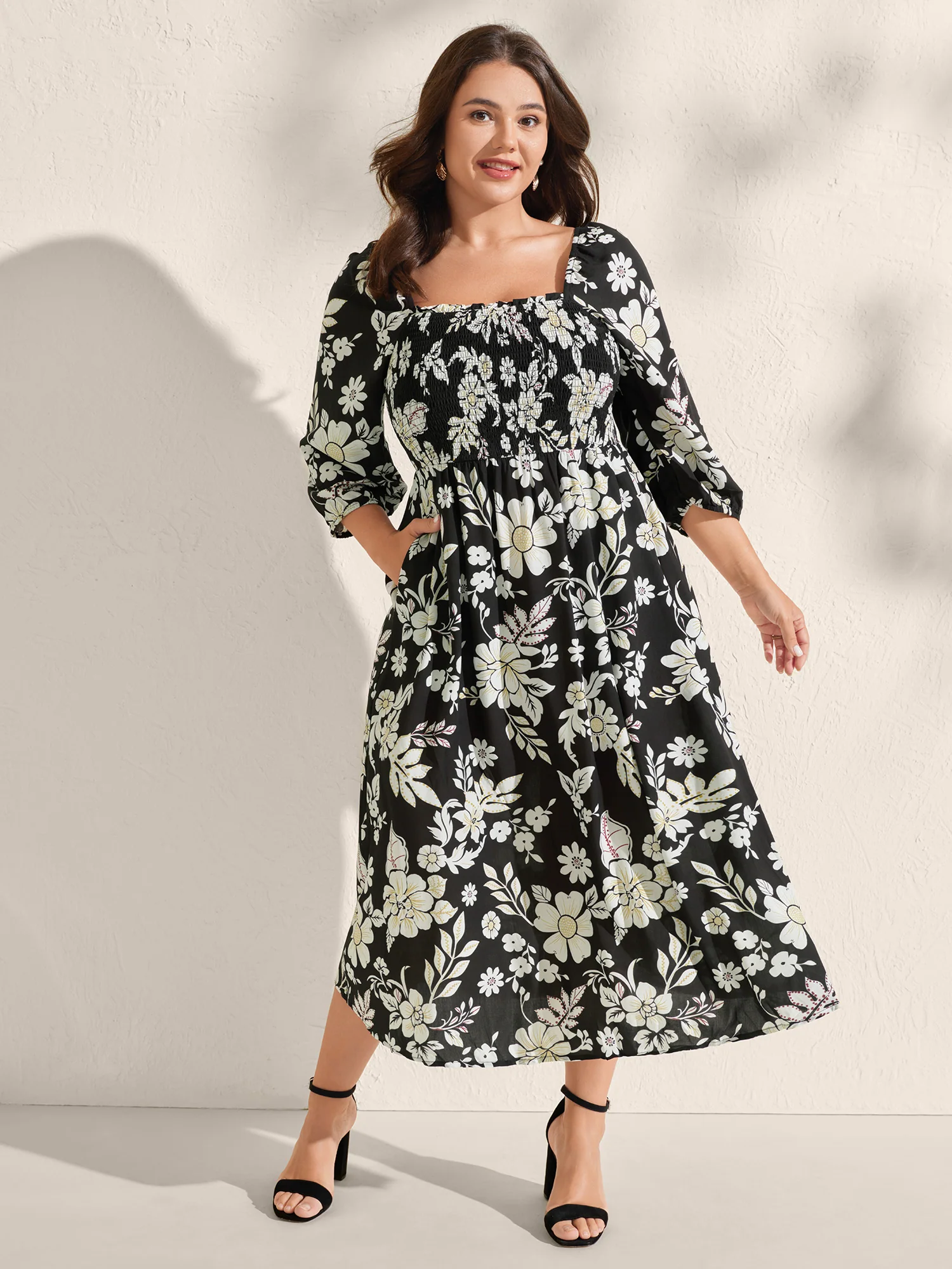 Floral Print Slit Shirred Bodice Midi Dress - Image 4