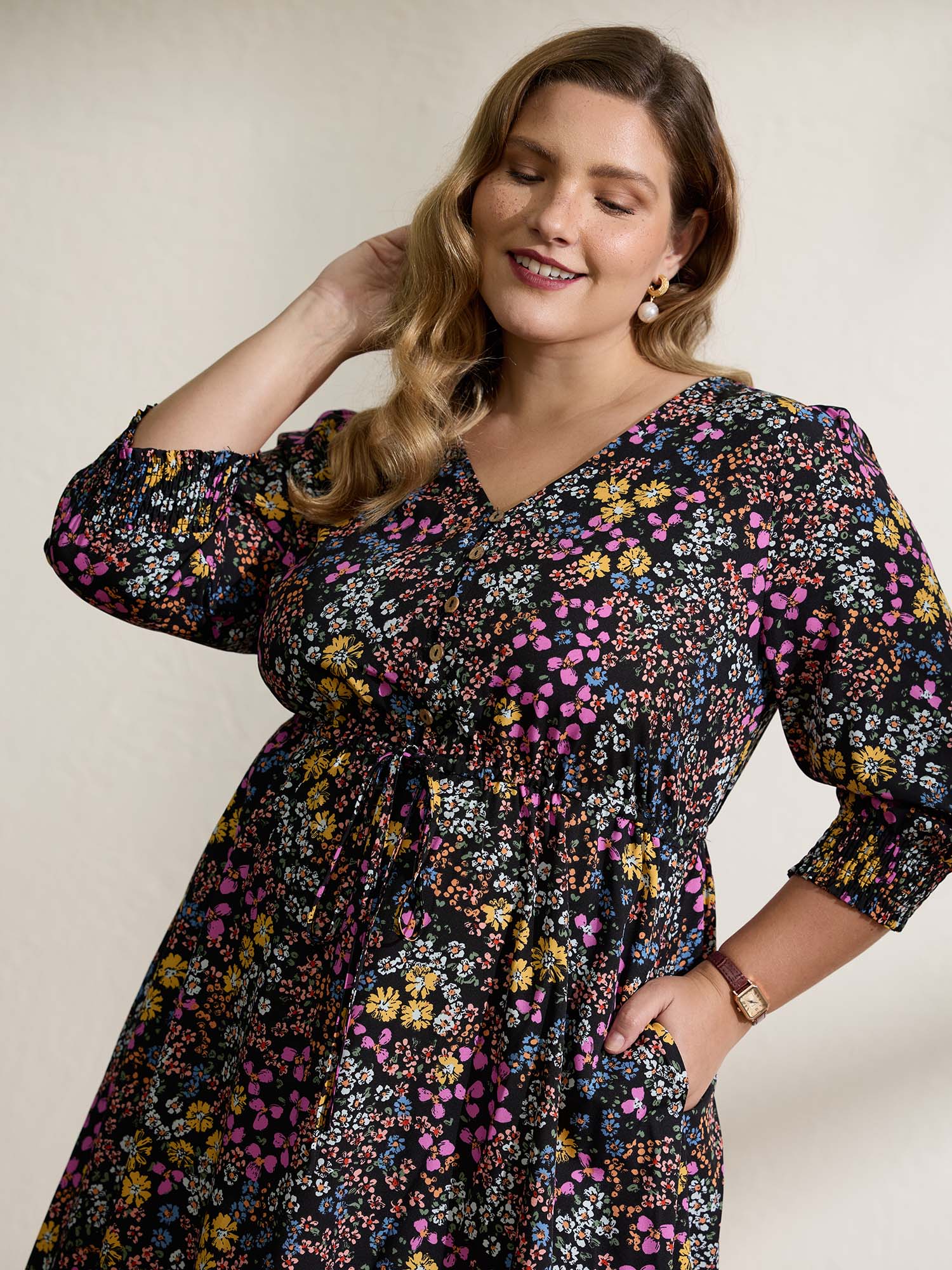 Floral Print Smocked Pockets Maxi Dress - Image 2
