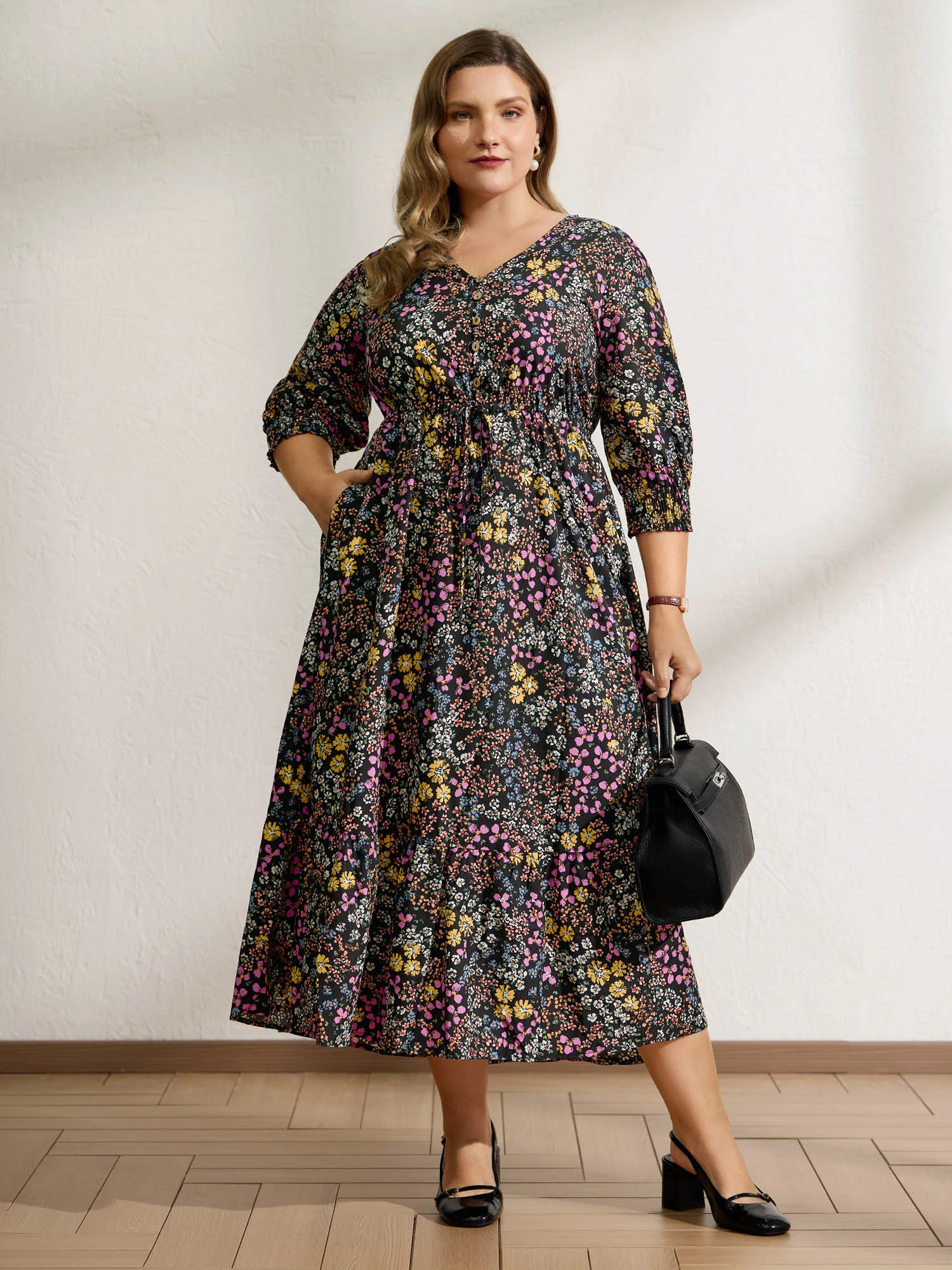 Floral Print Smocked Pockets Maxi Dress - Image 3