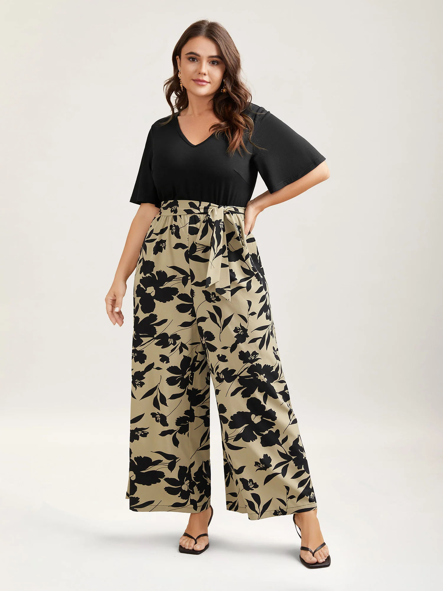 Floral Print Spliced Belted Wide-Leg Jumpsuit - Image 3