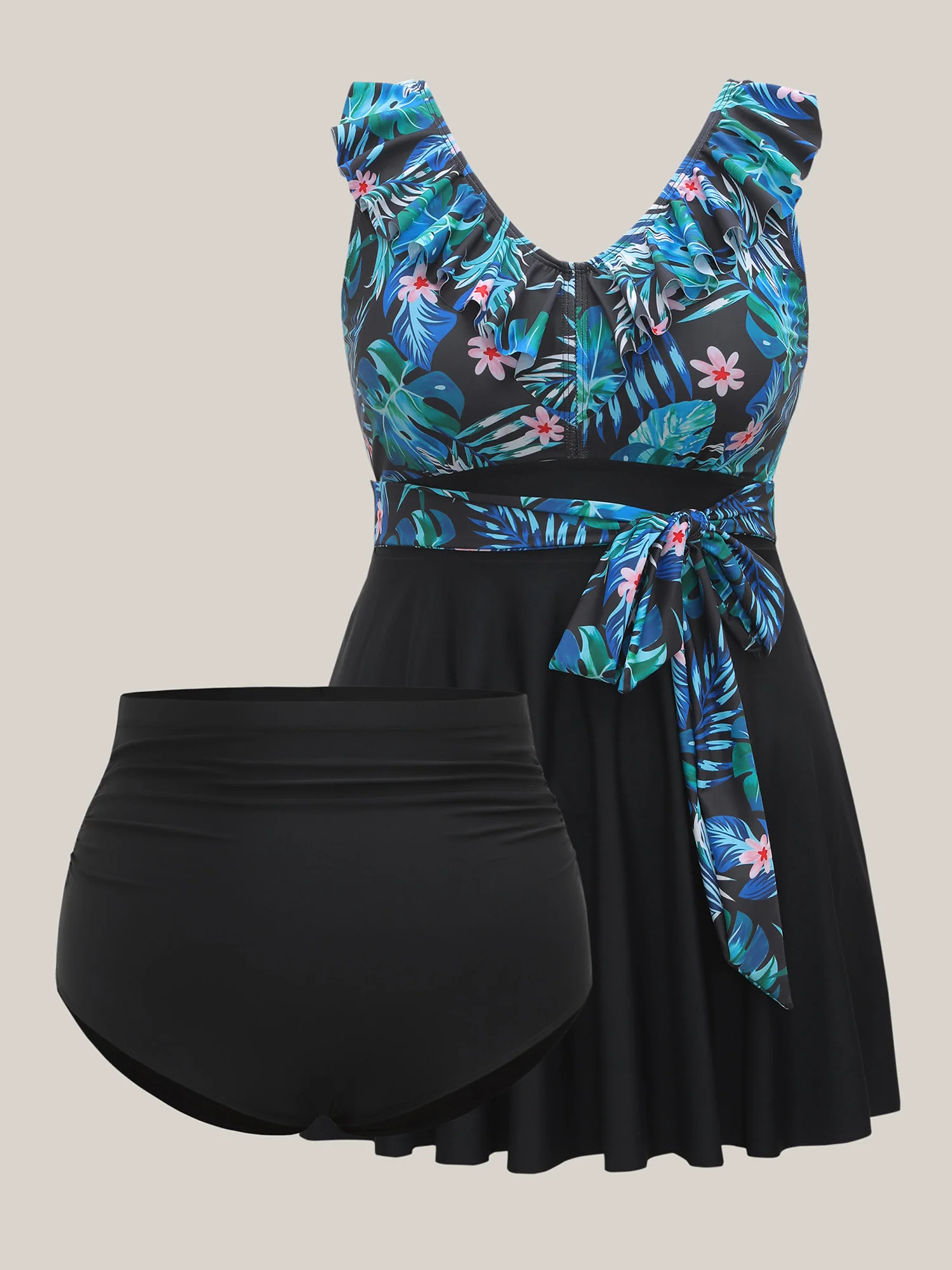 Floral Print Spliced Ruffled Straps Swim Dress - Image 7