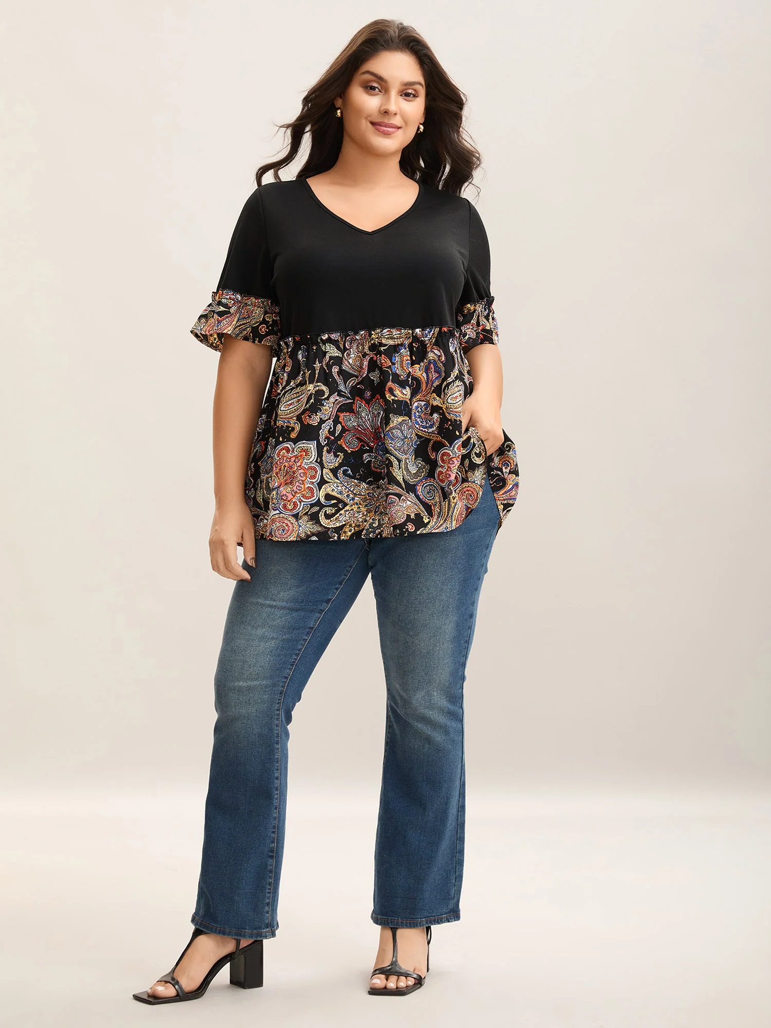 Floral Print Spliced V-Neck Knit Top - Image 3