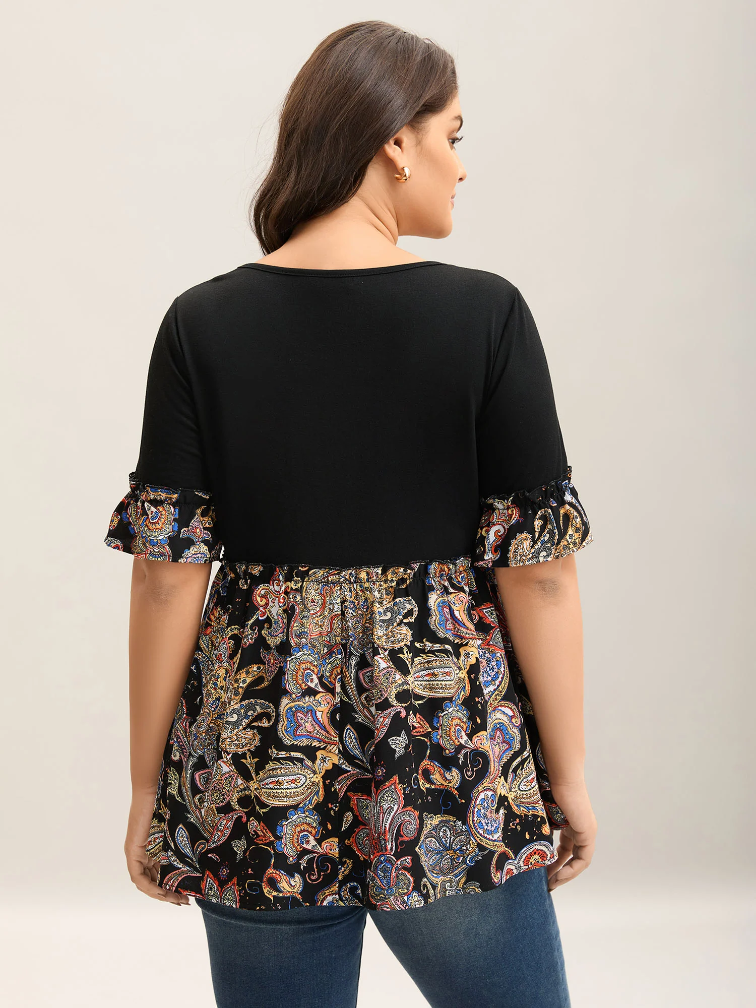 Floral Print Spliced V-Neck Knit Top - Image 4
