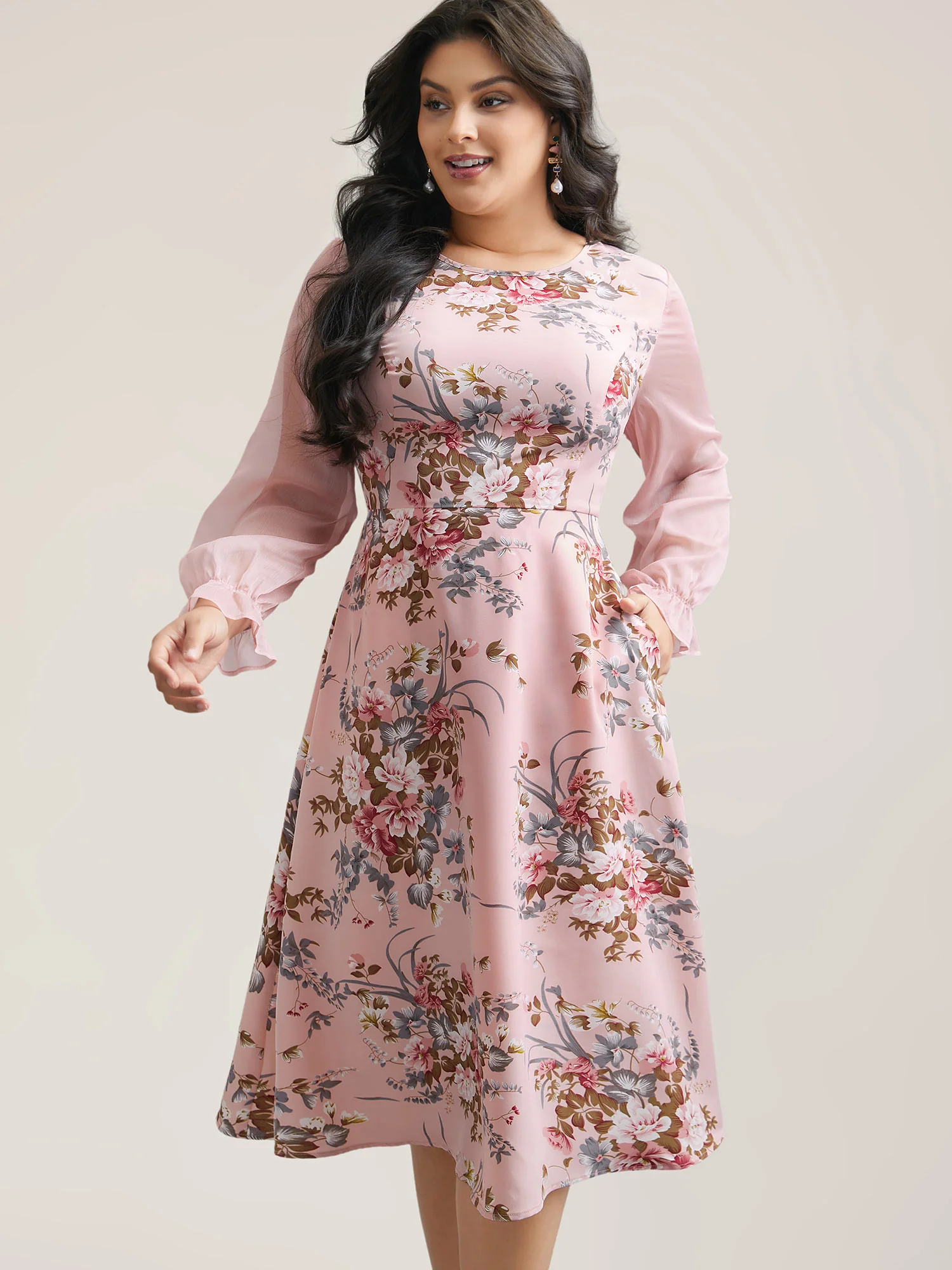 Floral Print Spliced Waist Cinched Midi Dress - Image 2