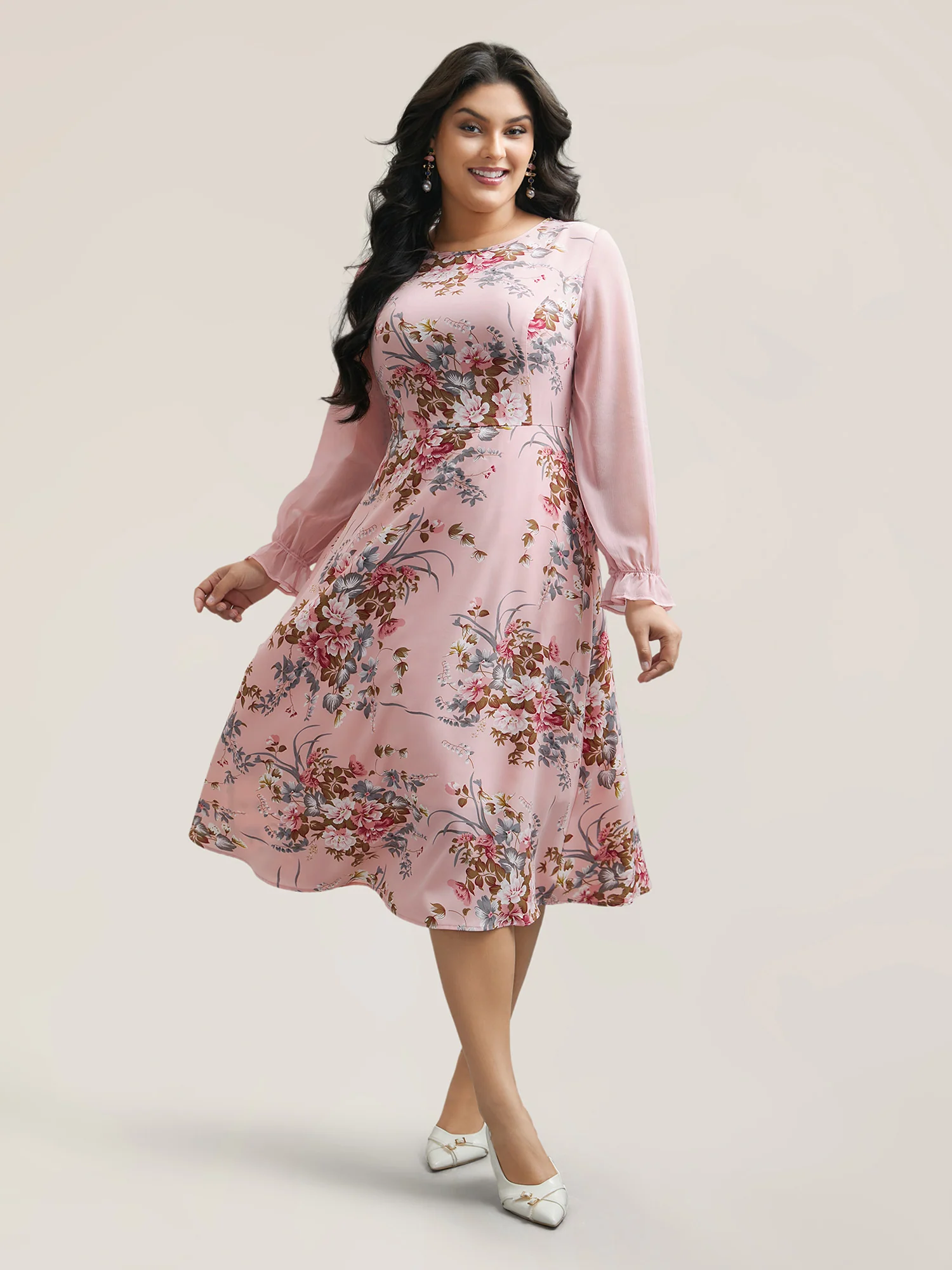 Floral Print Spliced Waist Cinched Midi Dress - Image 4