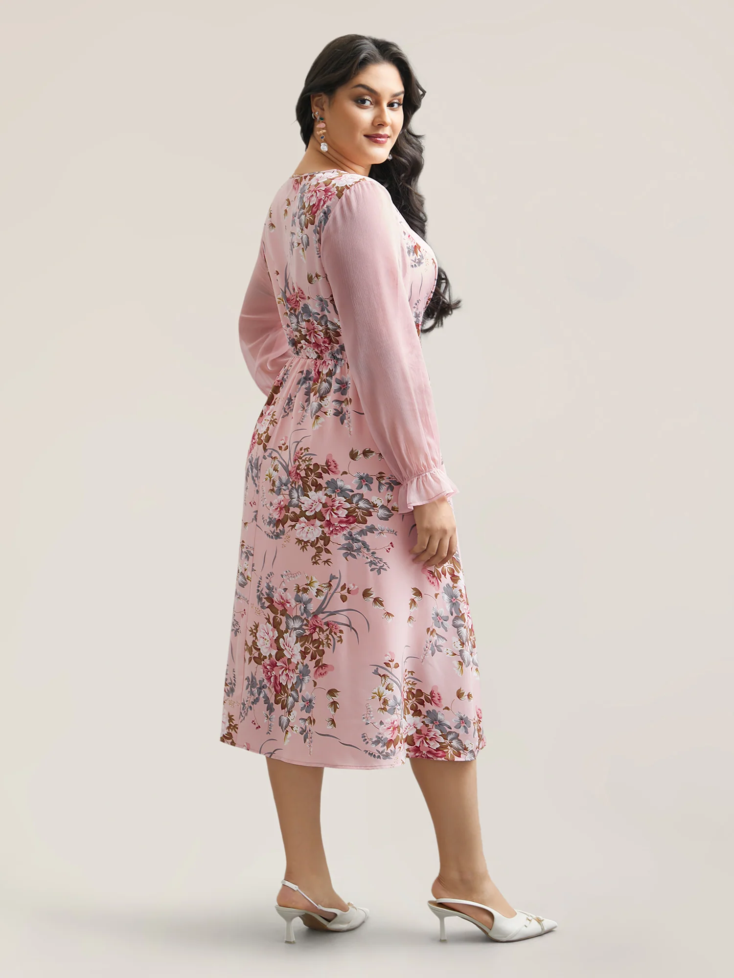 Floral Print Spliced Waist Cinched Midi Dress - Image 5